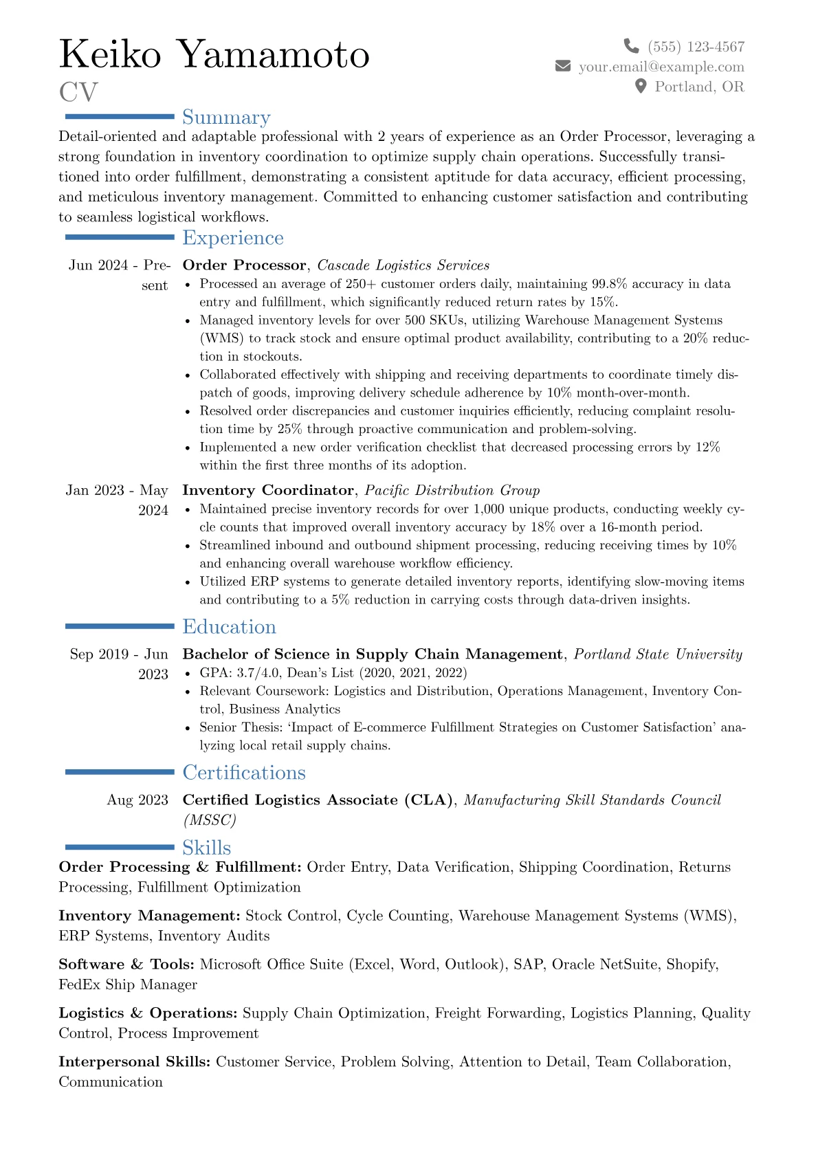 Order Processor resume example, Career changer, page 1