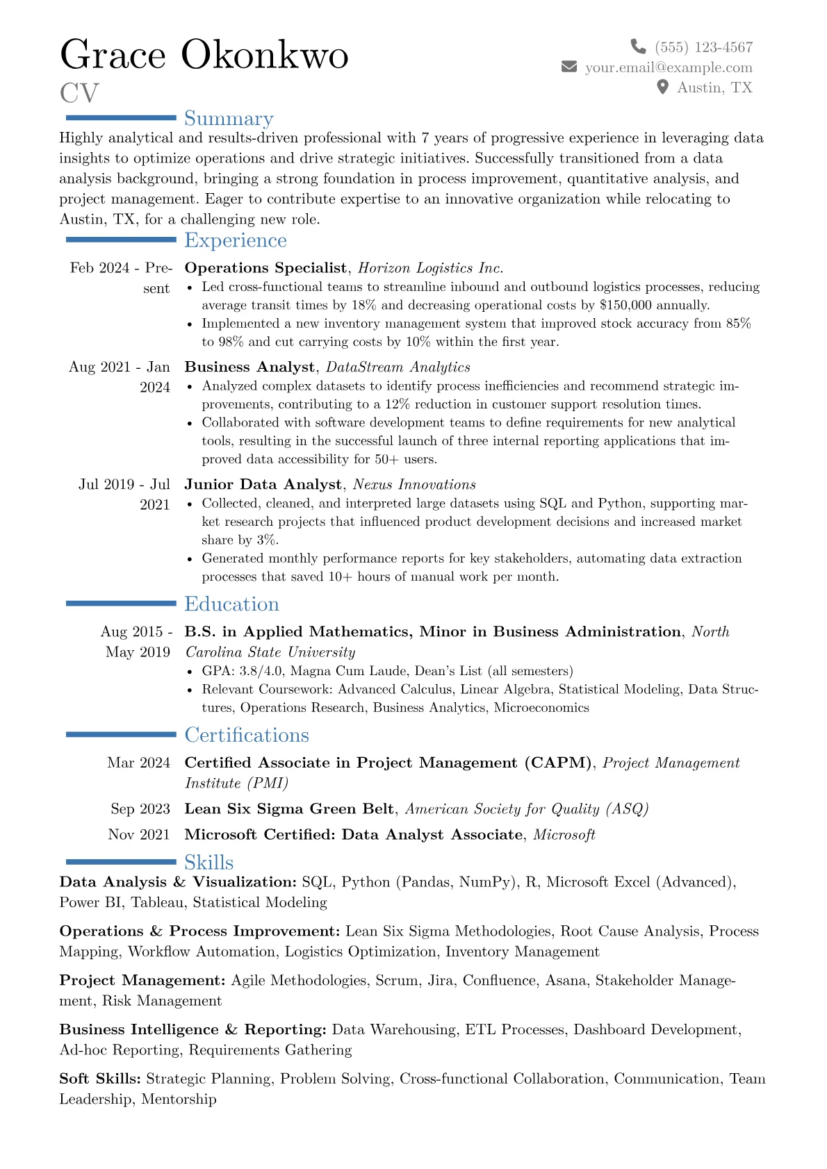 Out-of-State resume example, Career changer, page 1