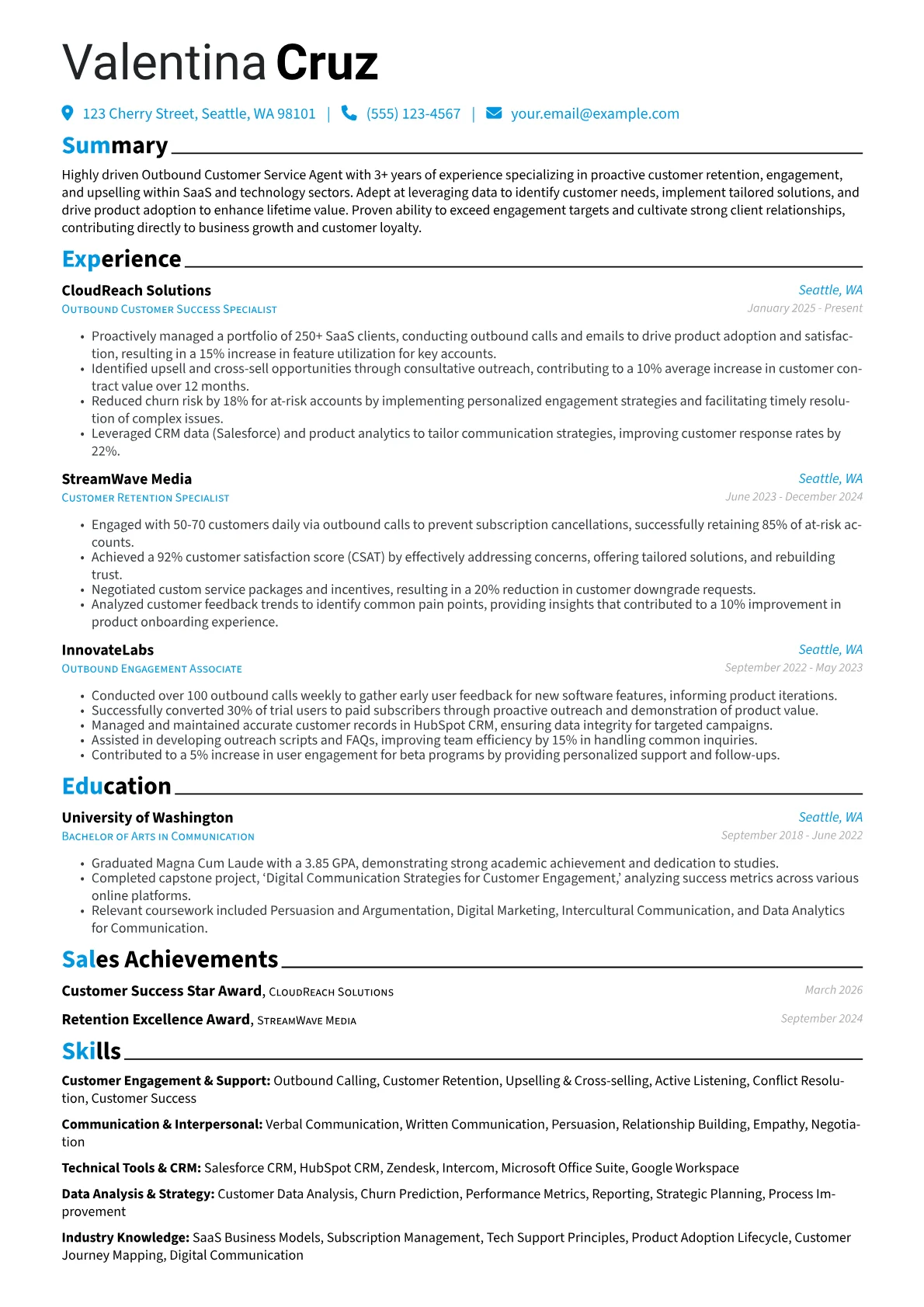 Outbound Customer Service Agent resume example, Customer Engagement, page 1