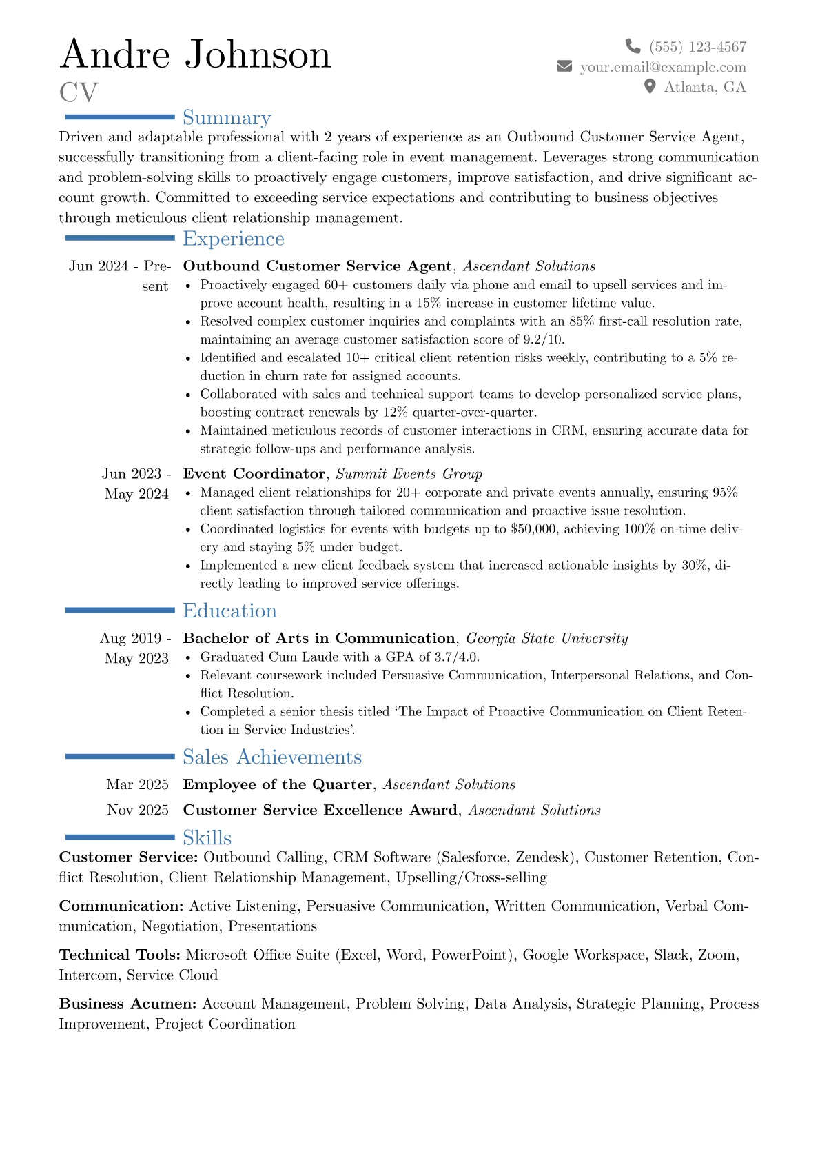 Outbound Customer Service Agent resume example, Career changer, page 1