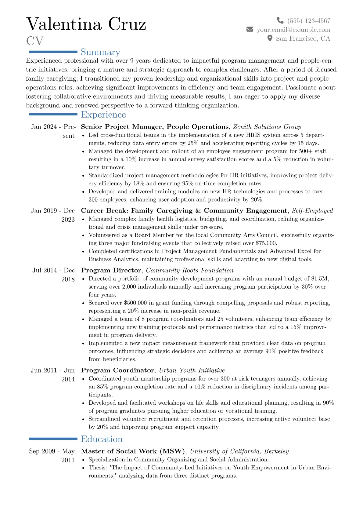 Over 50 resume example, Career changer, page 1