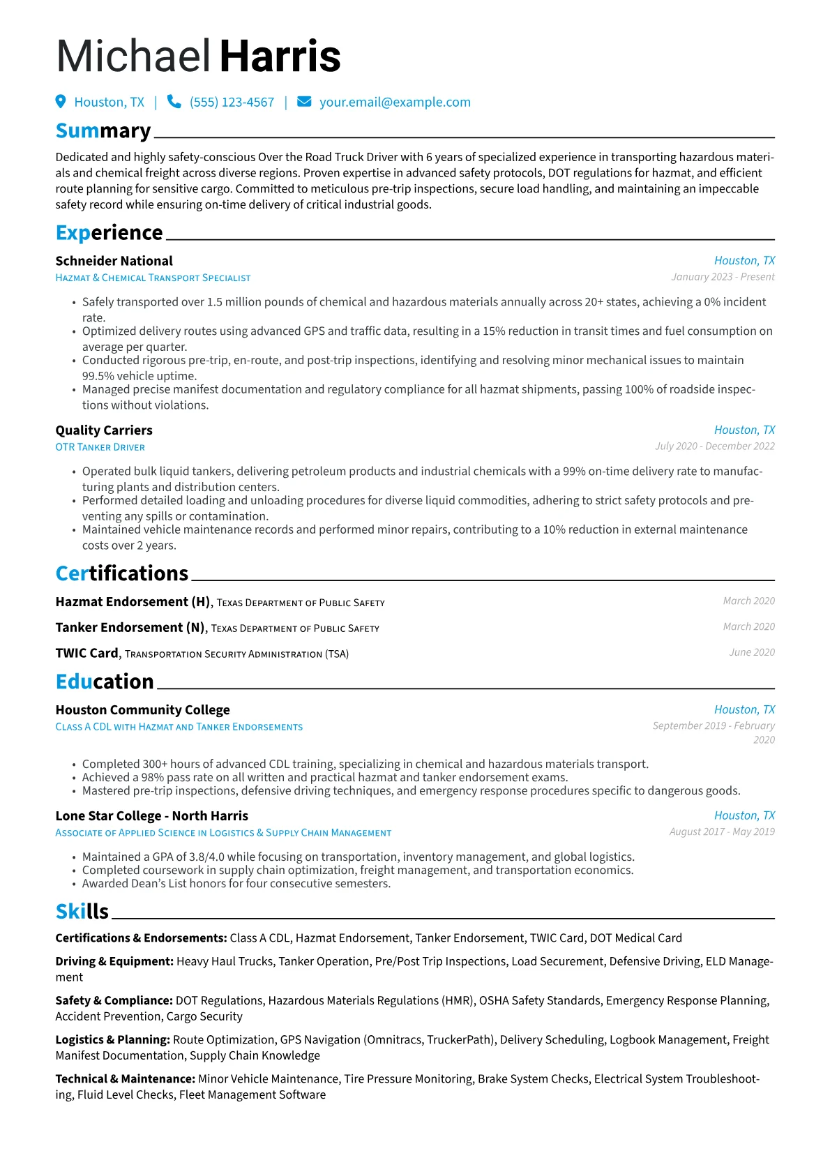 Over the Road Truck Driver resume example, Specialized Freight, page 1