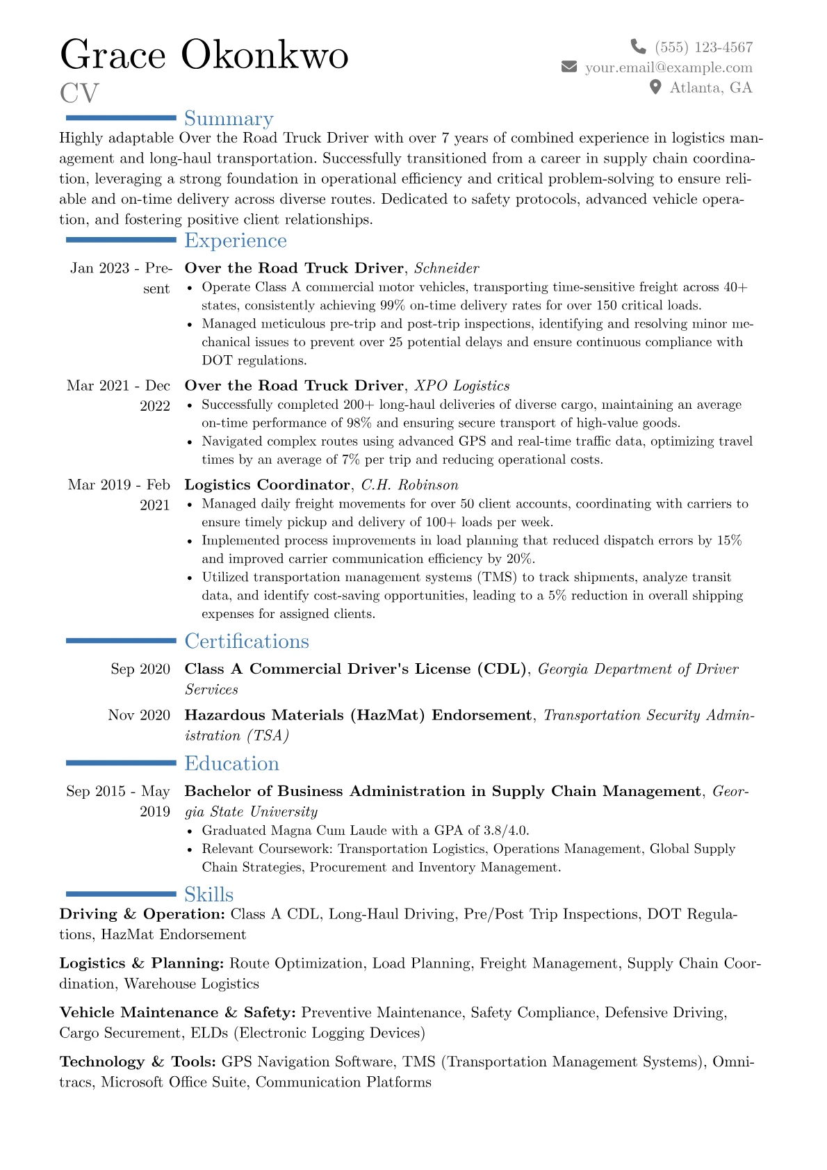 Over the Road Truck Driver resume example, Career changer, page 1