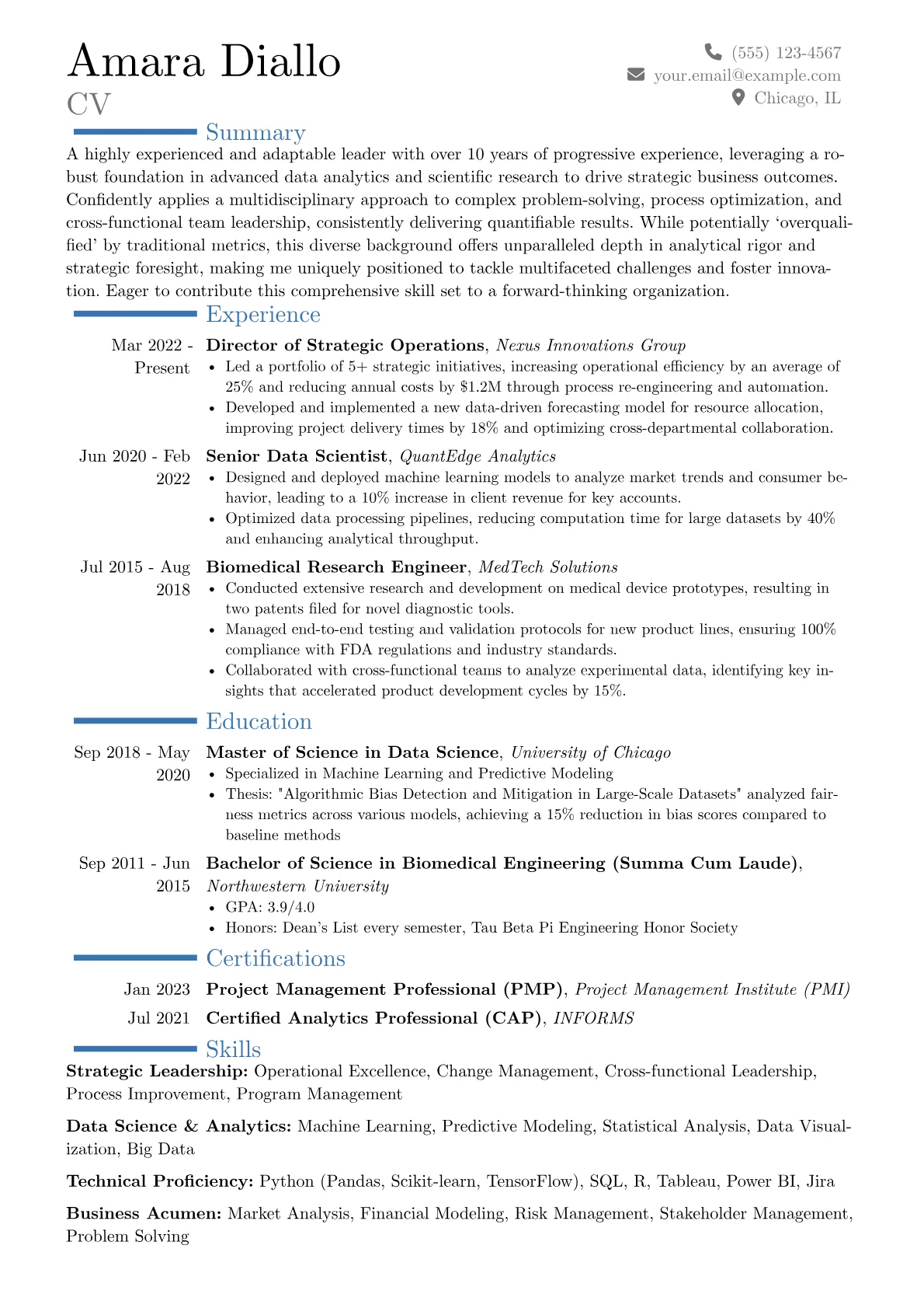 Overqualified resume example, Career changer, page 1