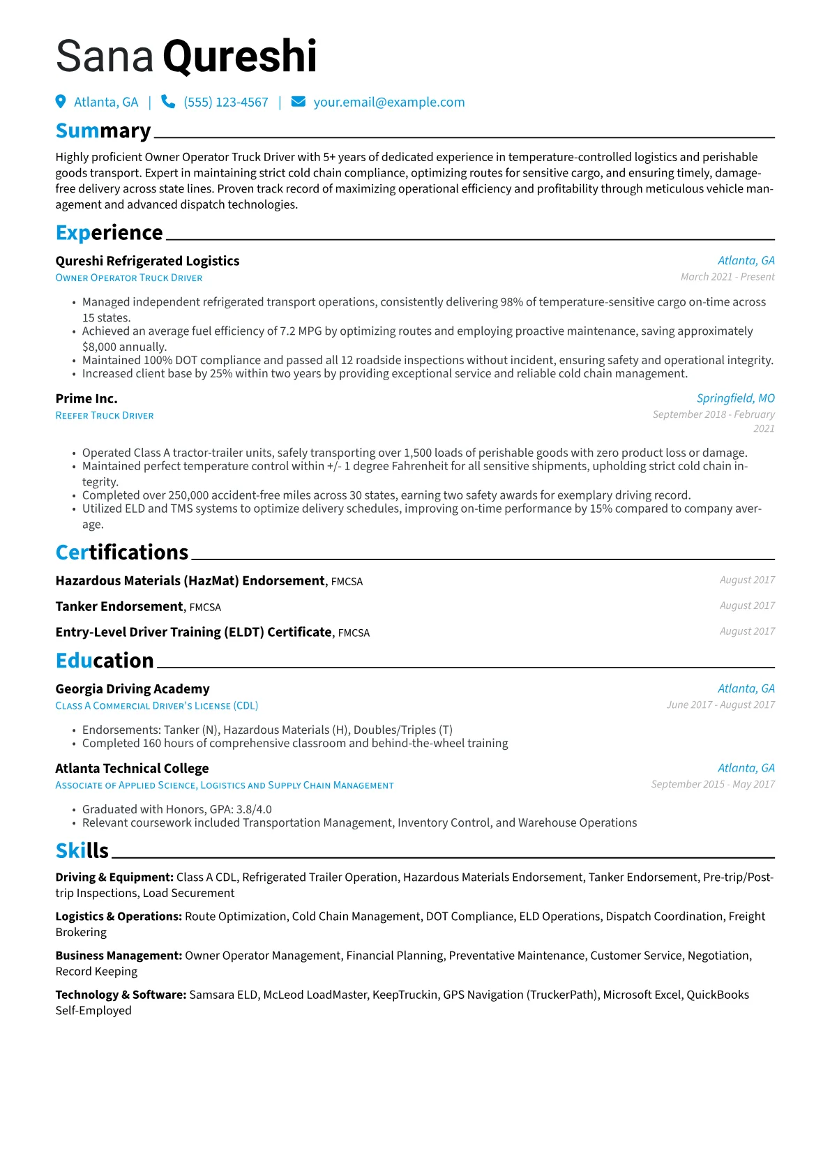 Owner Operator Truck Driver resume example, Refrigerated Freight, page 1