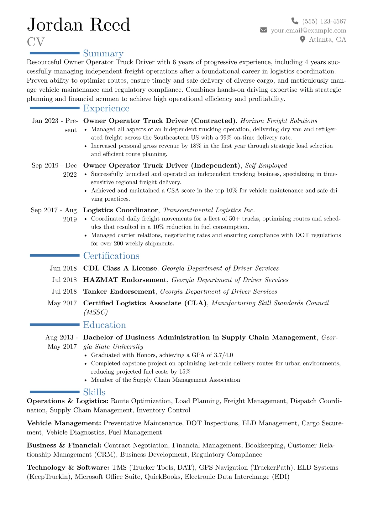 Owner Operator Truck Driver resume example, Career changer, page 1