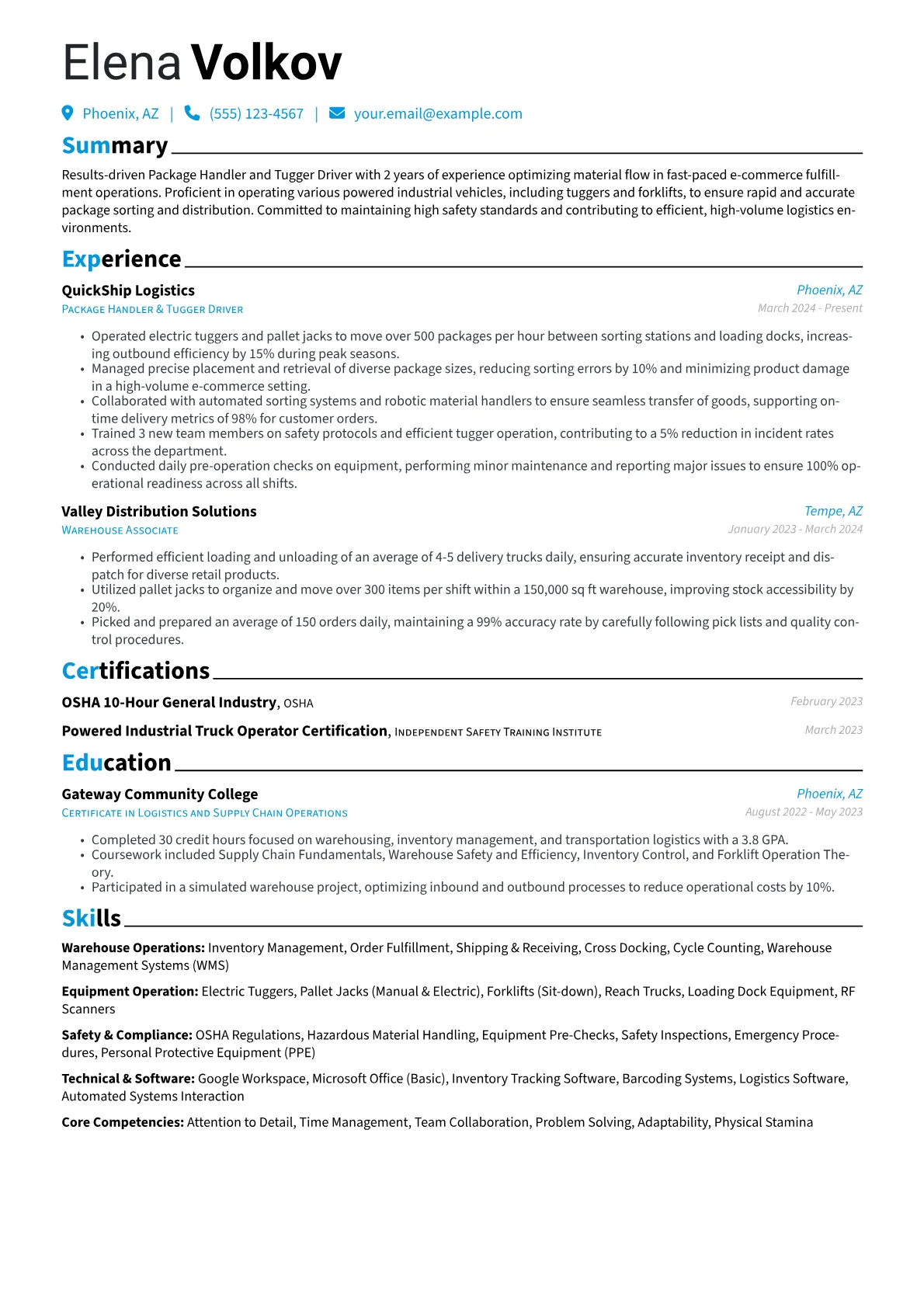 Package Handler Tugger Driver resume example, E-commerce Fulfillment, page 1