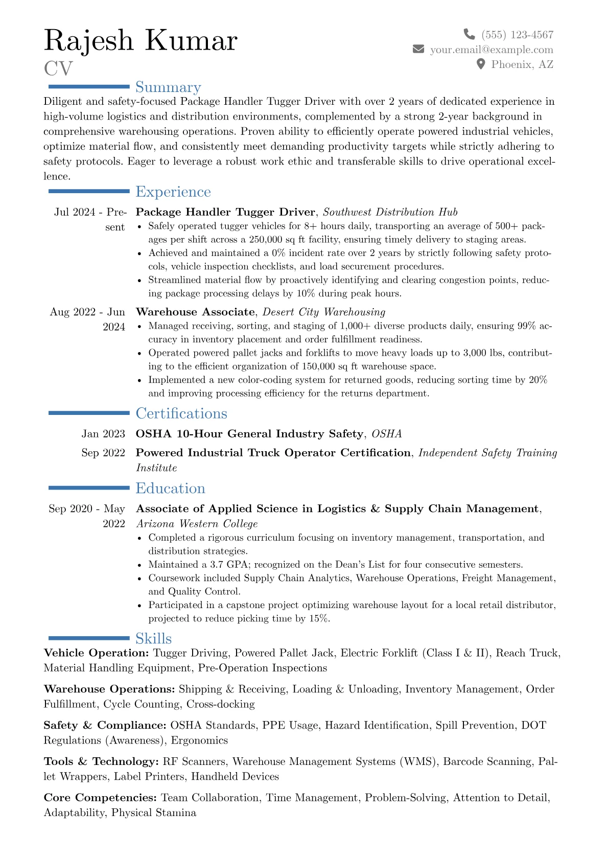 Package Handler Tugger Driver resume example, Career changer, page 1