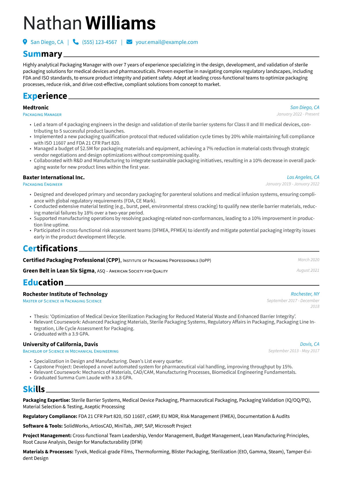 Packaging Manager resume example, Medical Device, page 1