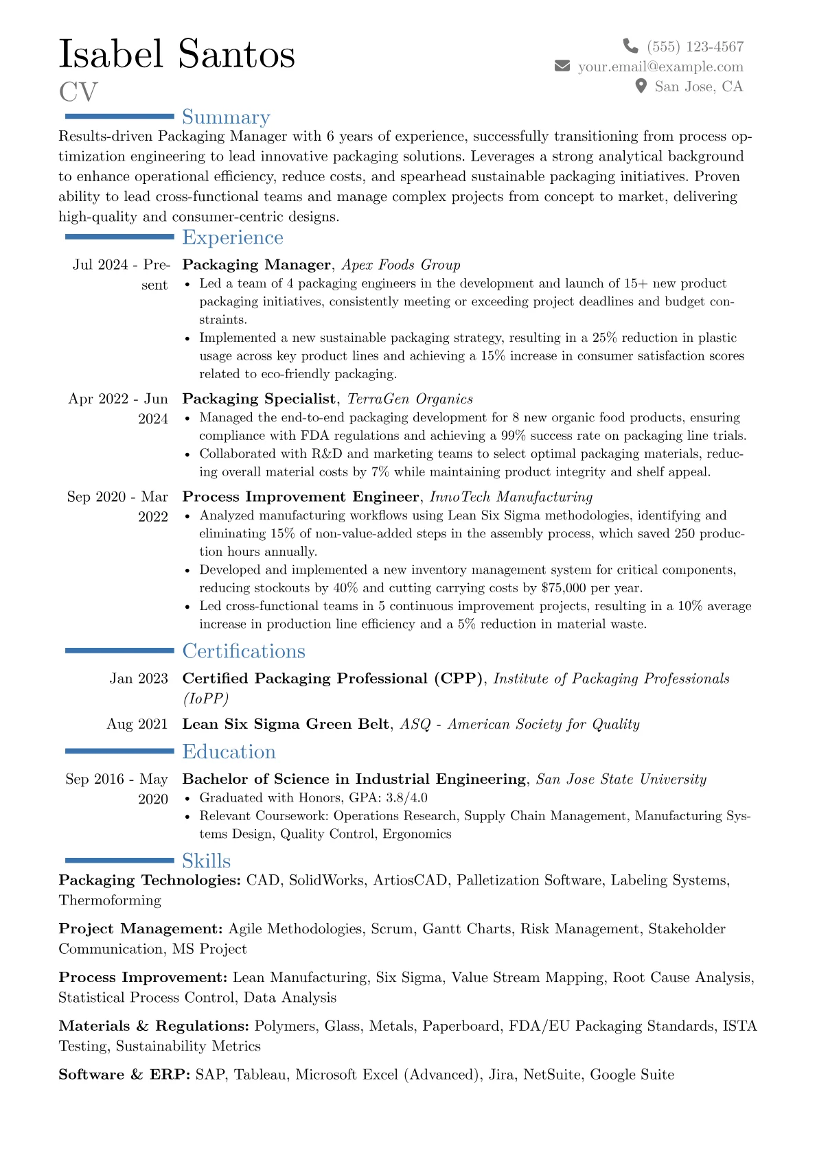 Packaging Manager resume example, Career changer, page 1