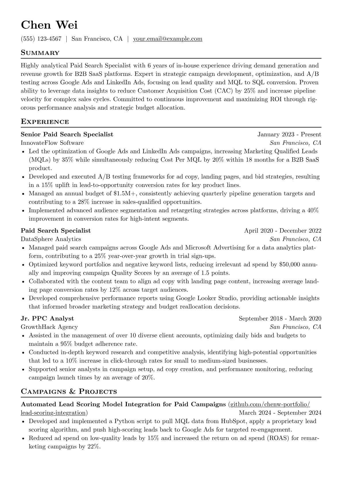 Paid Search Specialist resume example, B2B SaaS In-house, page 1
