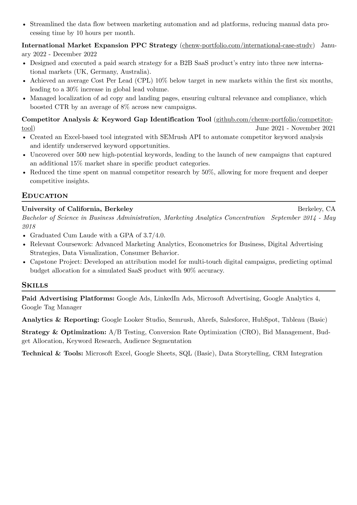 Paid Search Specialist resume example, B2B SaaS In-house, page 2