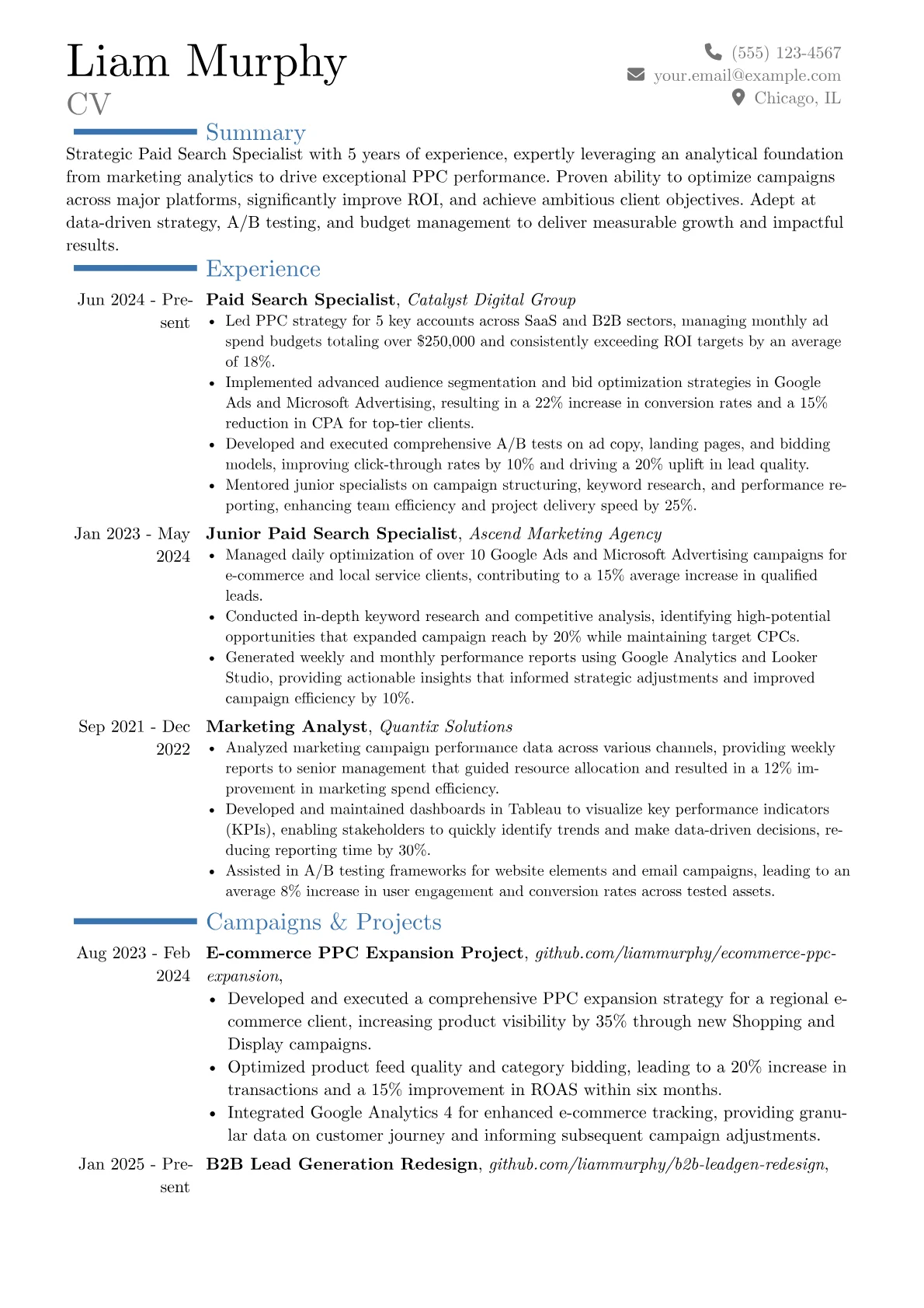 Paid Search Specialist resume example, Career changer, page 1