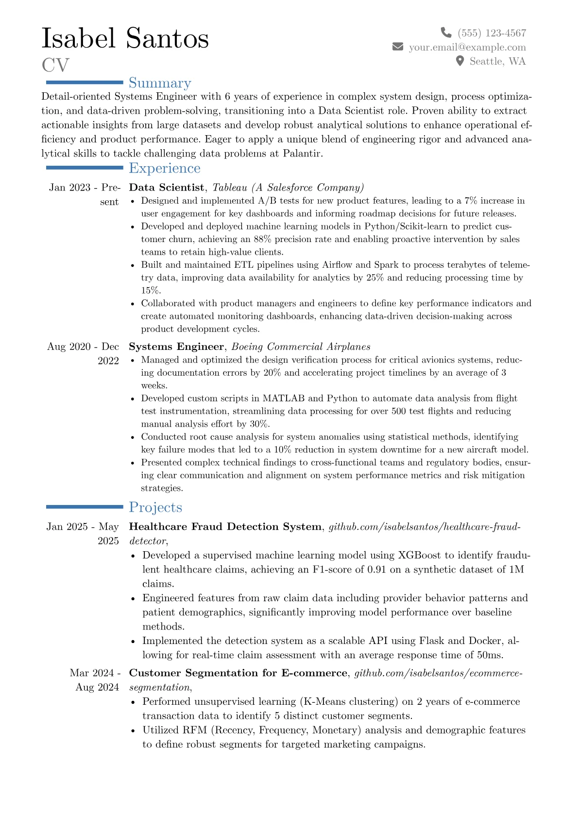 Palantir resume example, Career changer, page 1