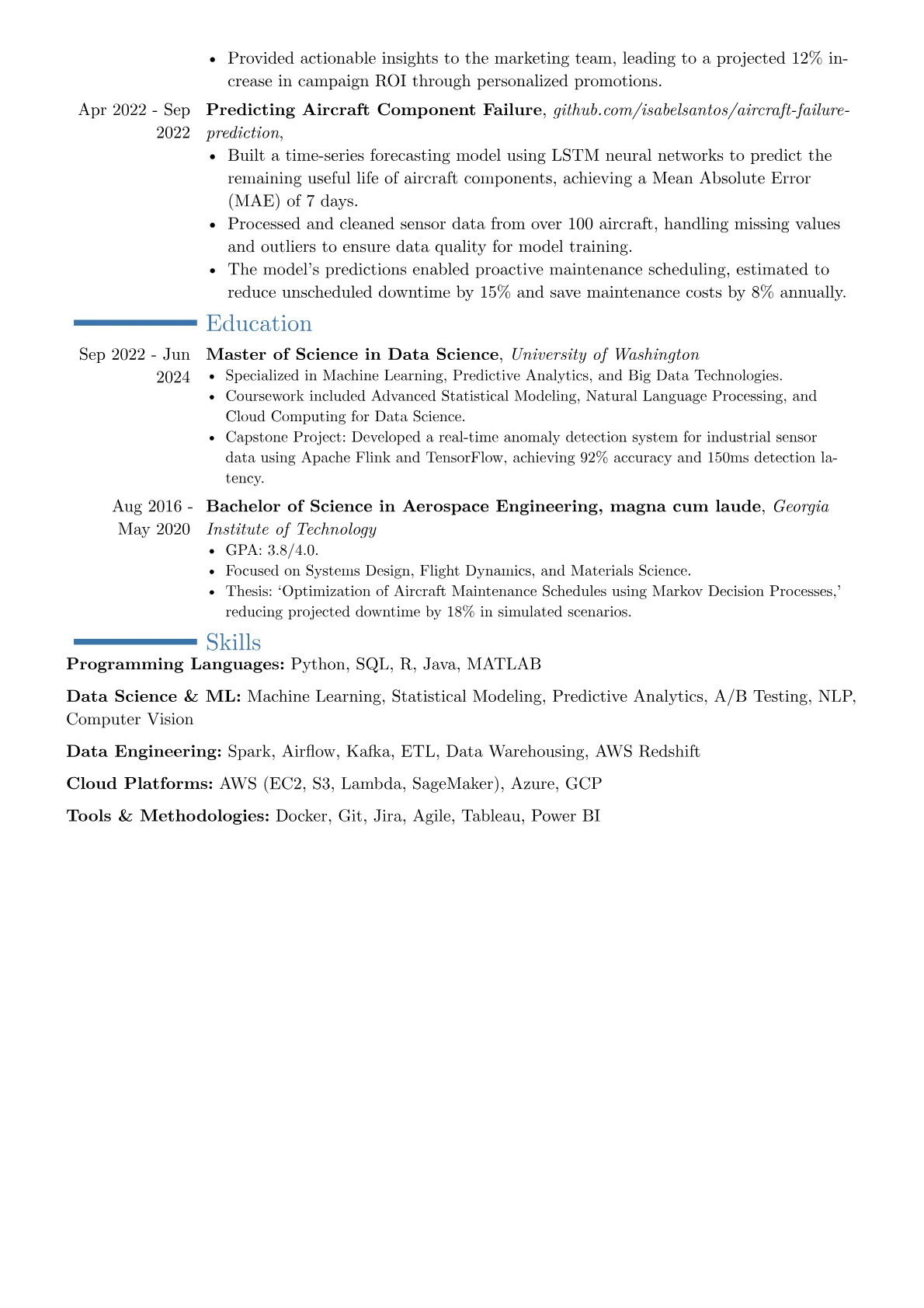 Palantir resume example, Career changer, page 2