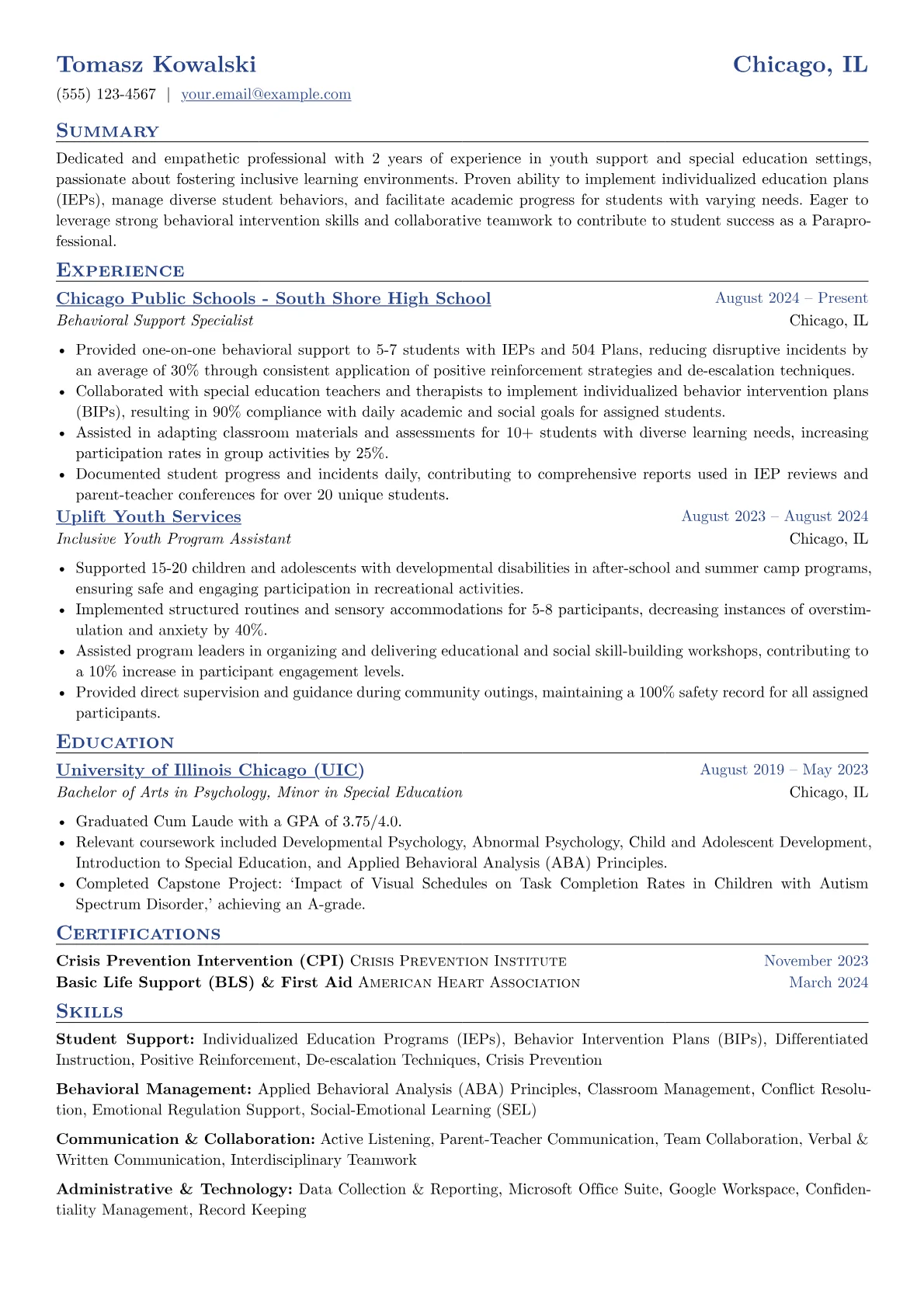 Paraprofessional with No Experience resume example, Special Education Support, page 1