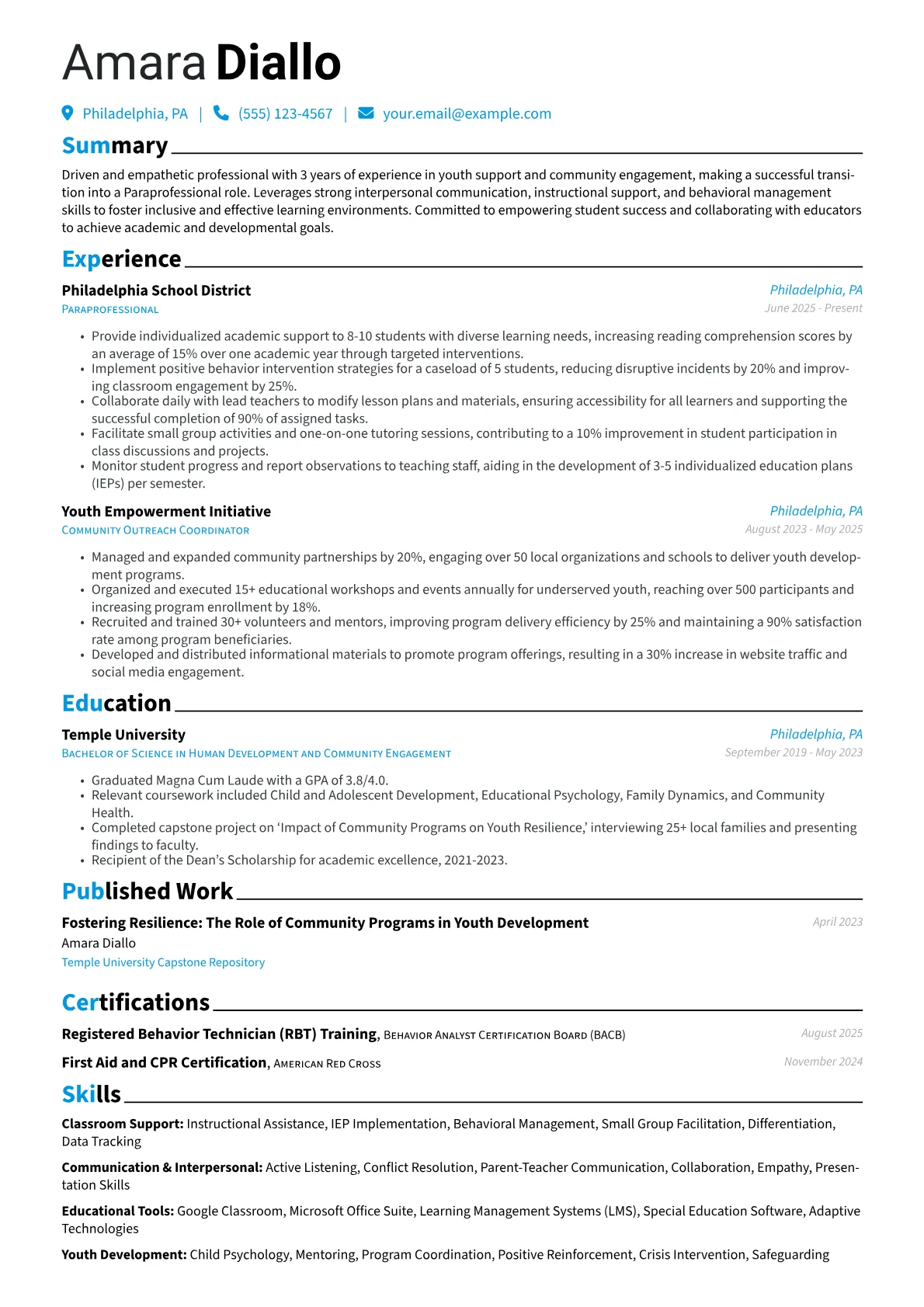 Paraprofessional with No Experience resume example, Career changer, page 1