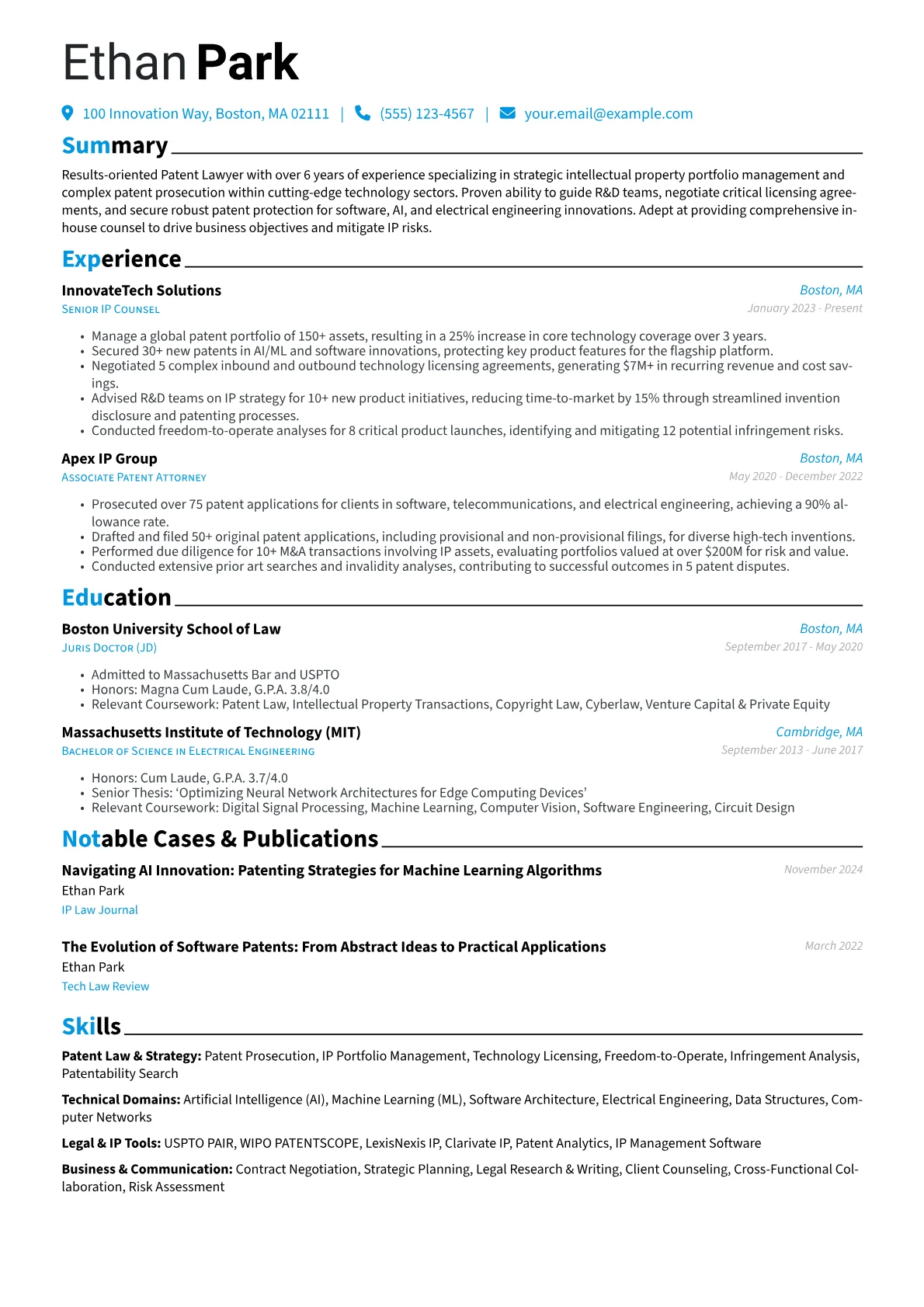 Patent Lawyer resume example, In-House Tech IP Counsel, page 1