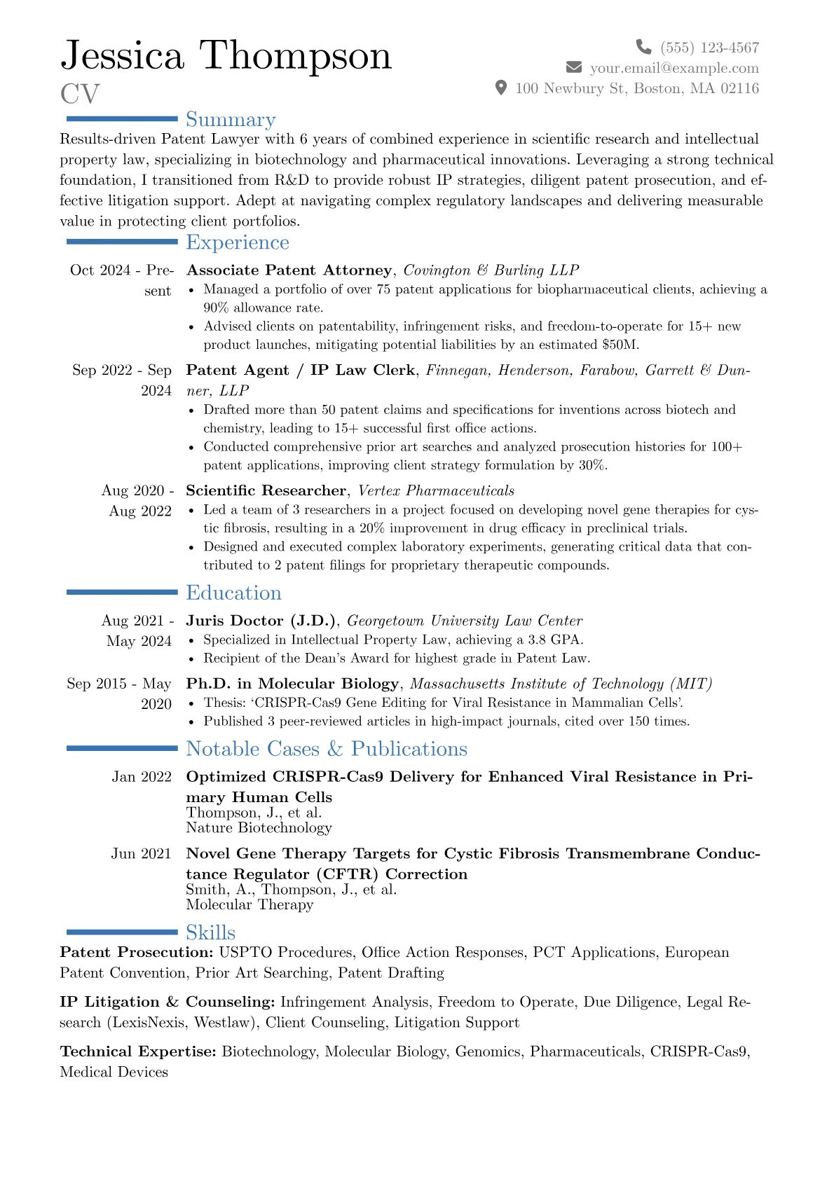 Patent Lawyer resume example, Career changer, page 1