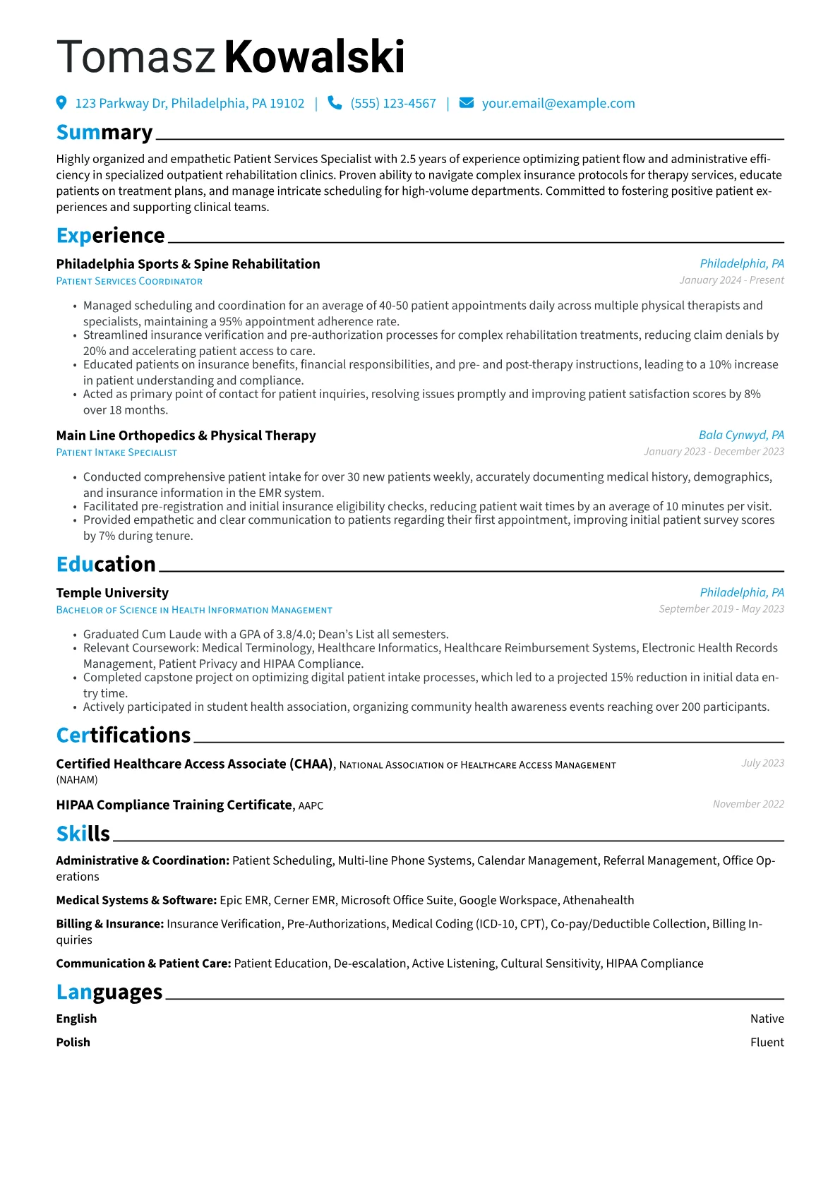 Patient Services Specialist resume example, Specialized Outpatient, page 1