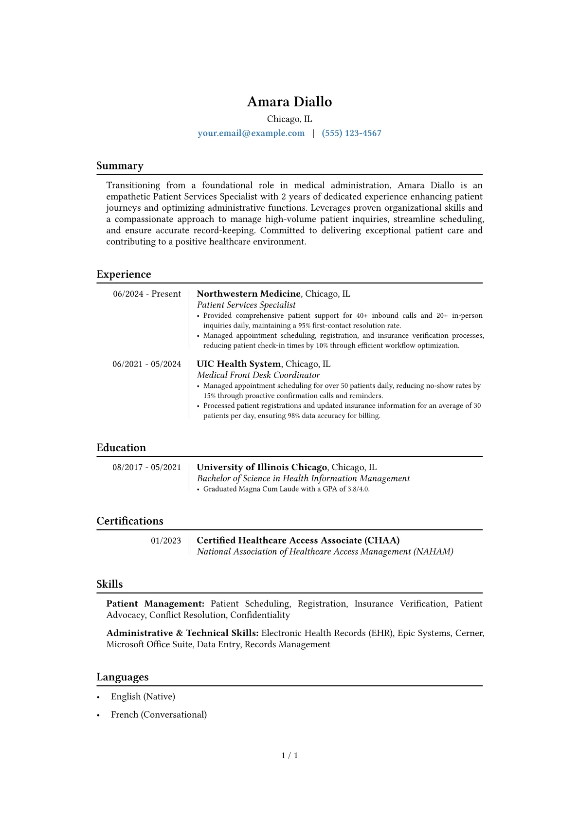 Patient Services Specialist resume example, Career changer, page 1