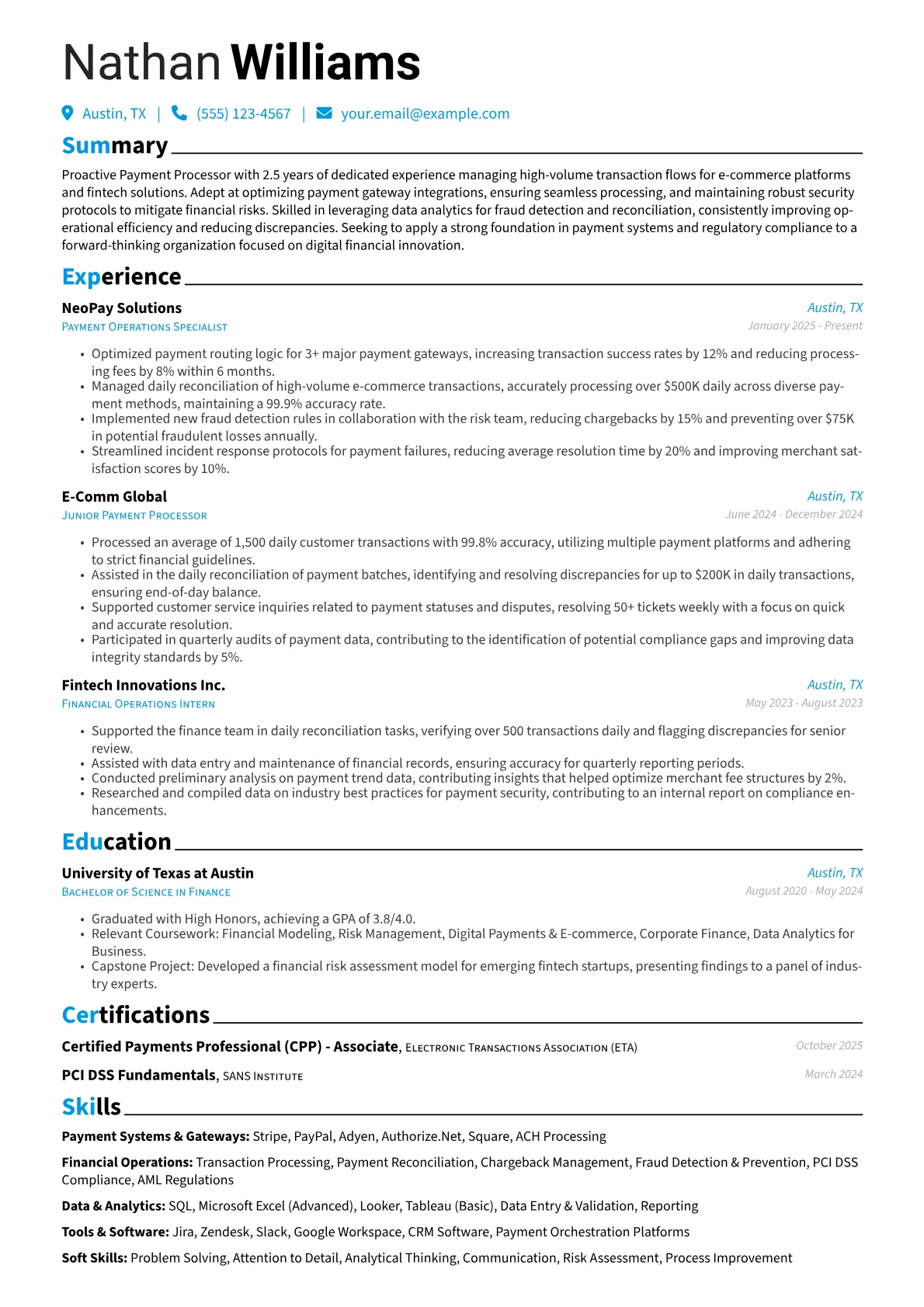 Payment Processor resume example, Payment Processor, page 1