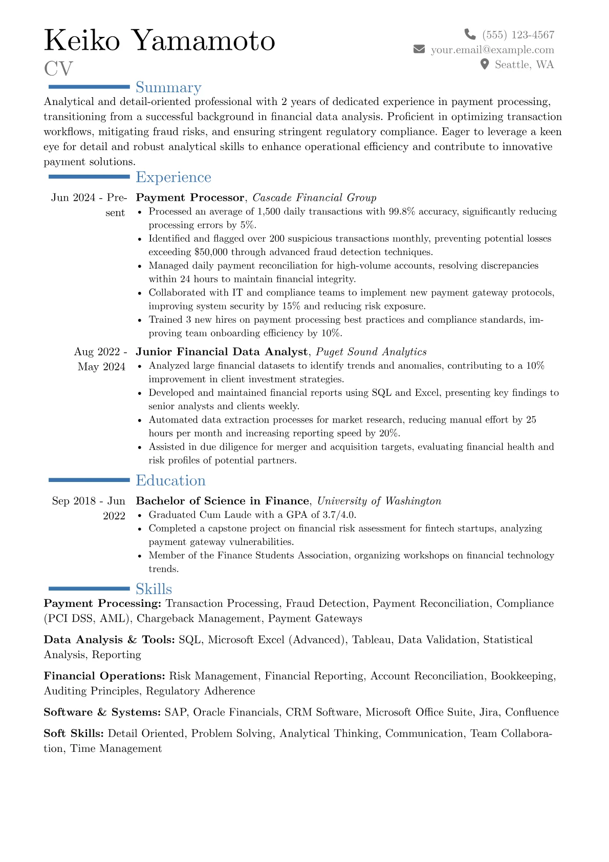 Payment Processor resume example, Career changer, page 1