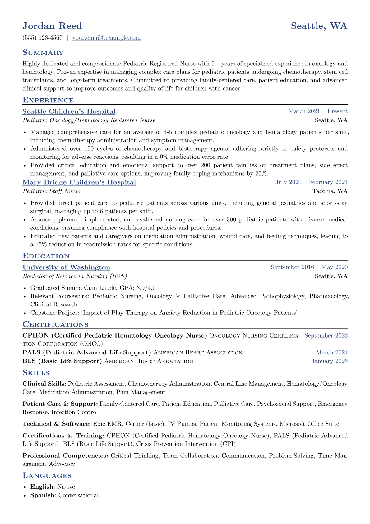 Pediatric RN resume example, Pediatric Oncology RN, page 1