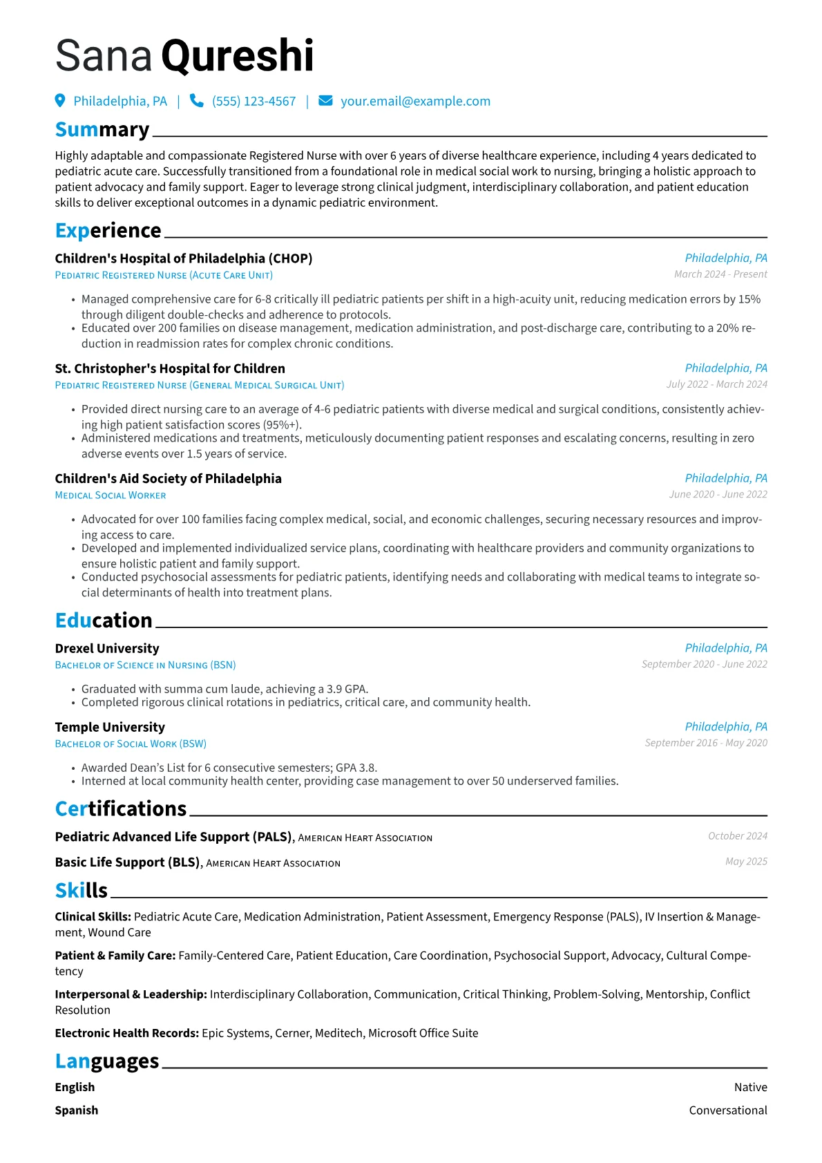 Pediatric RN resume example, Career changer, page 1