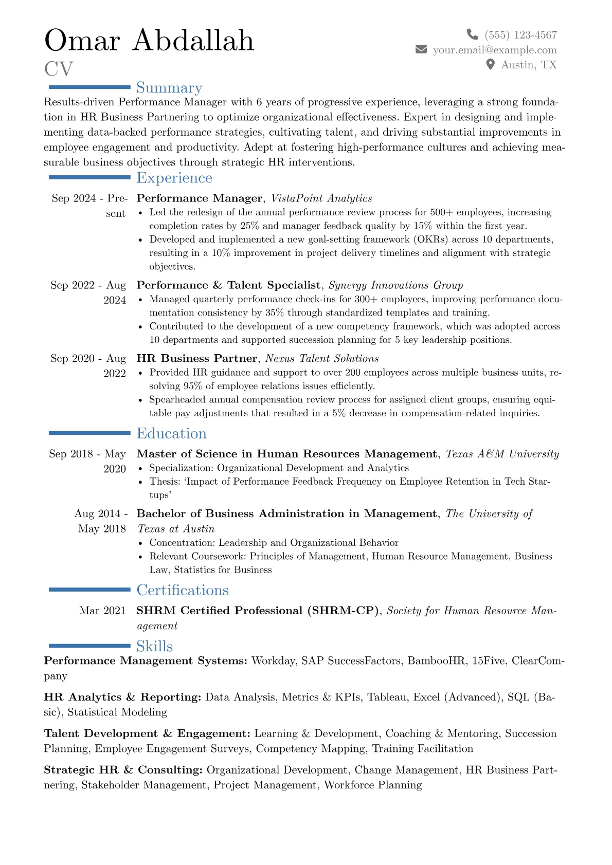 Performance Manager resume example, Career changer, page 1