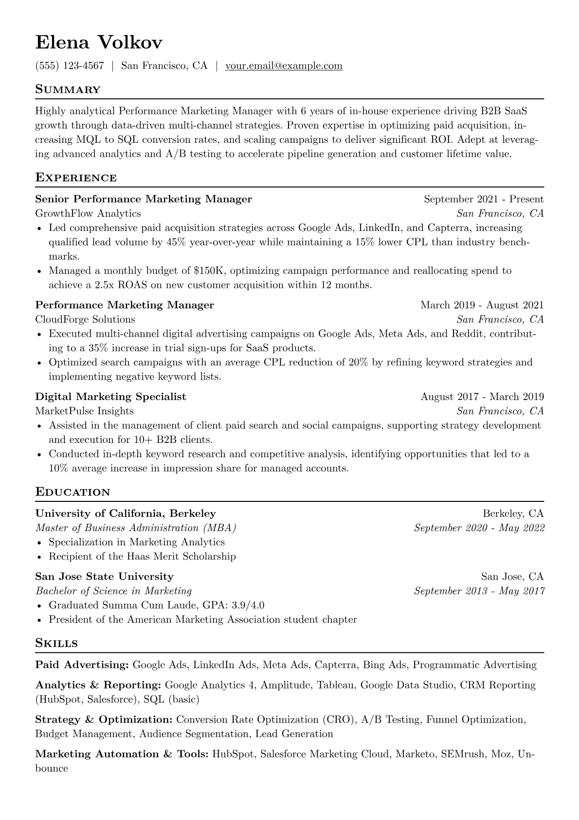 Performance Marketing Manager resume example, In-house SaaS Growth, page 1