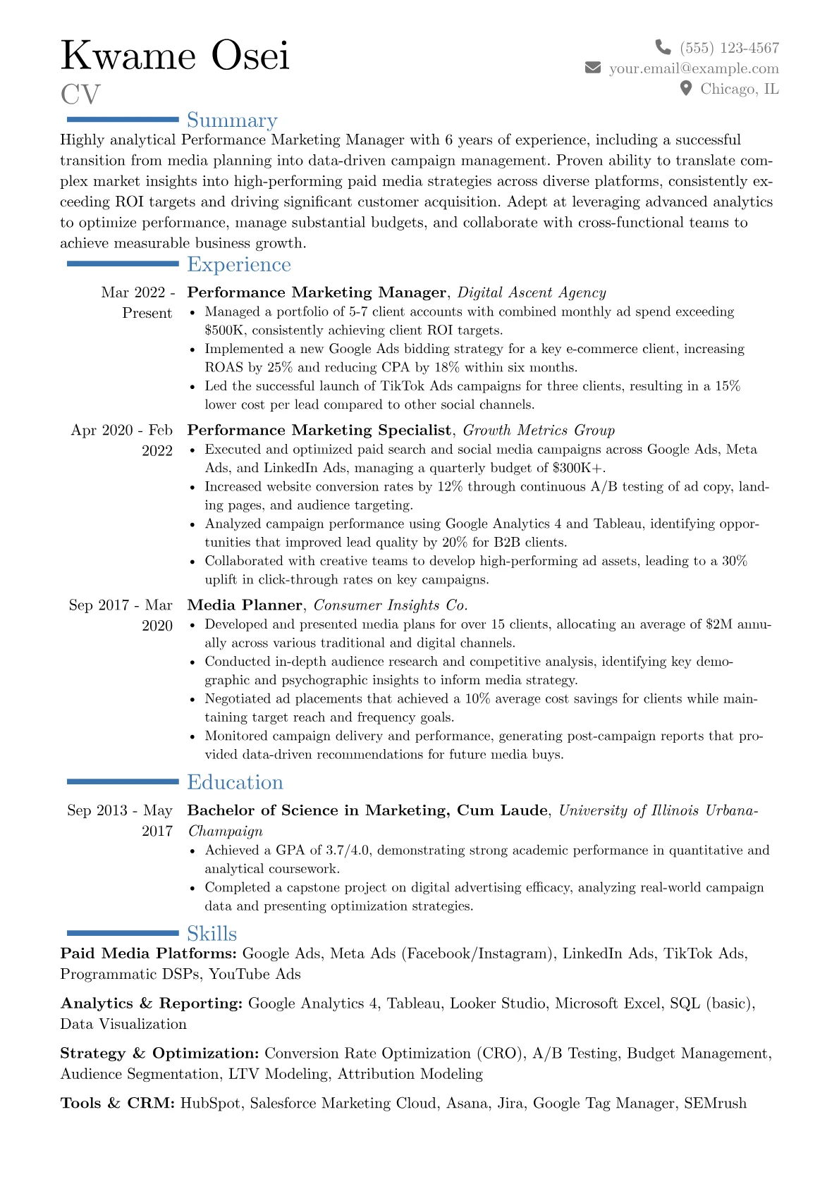 Performance Marketing Manager resume example, Career changer, page 1