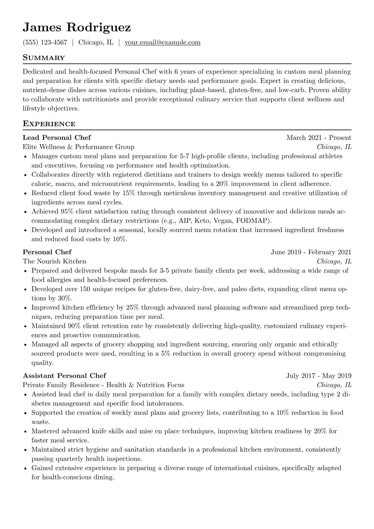 Personal Chef resume example, Health & Performance, page 1