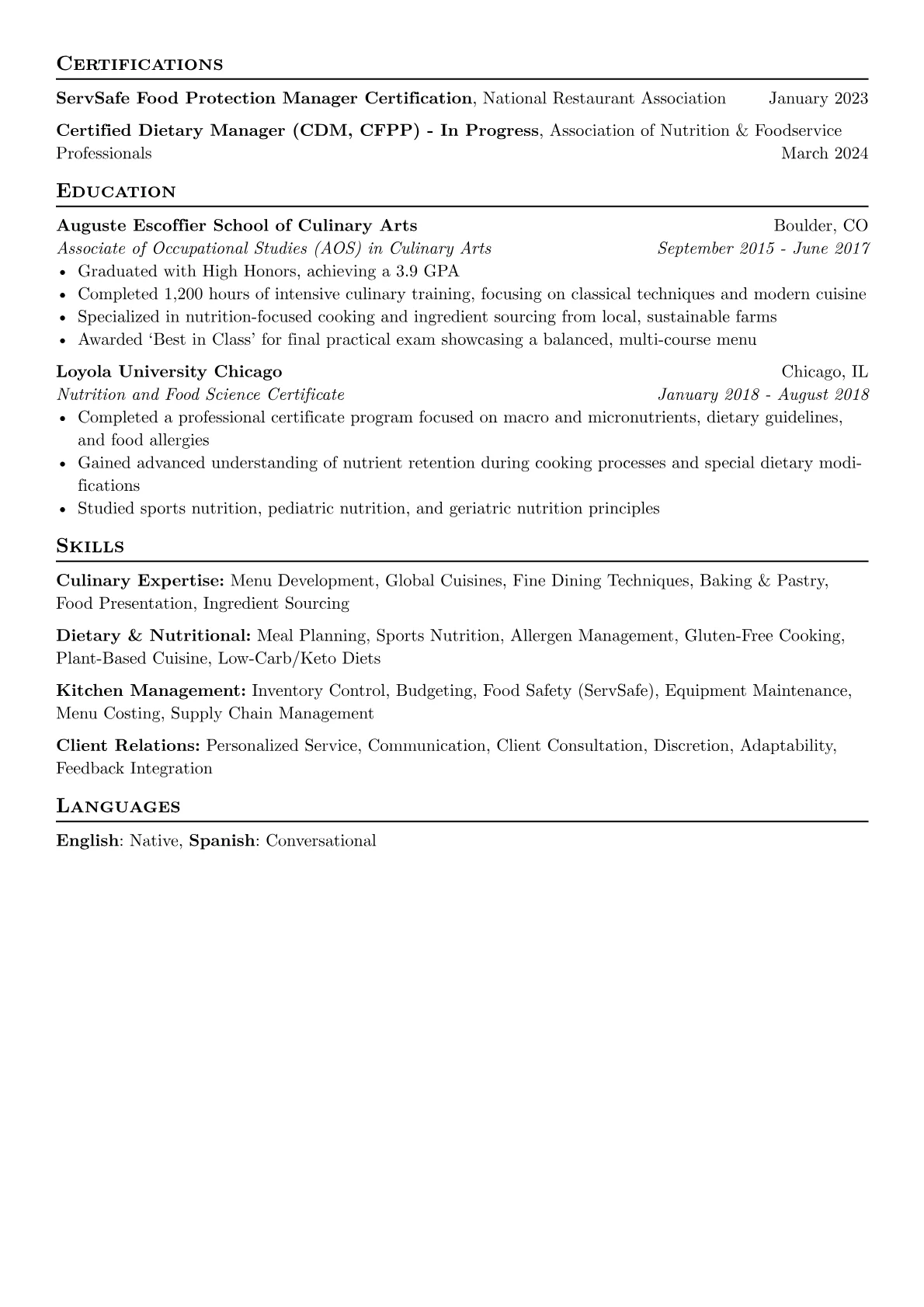 Personal Chef resume example, Health & Performance, page 2