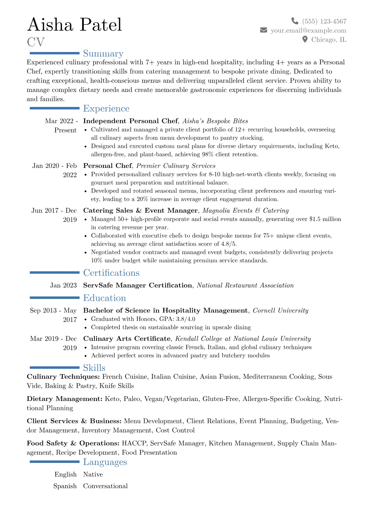Personal Chef resume example, Career changer, page 1