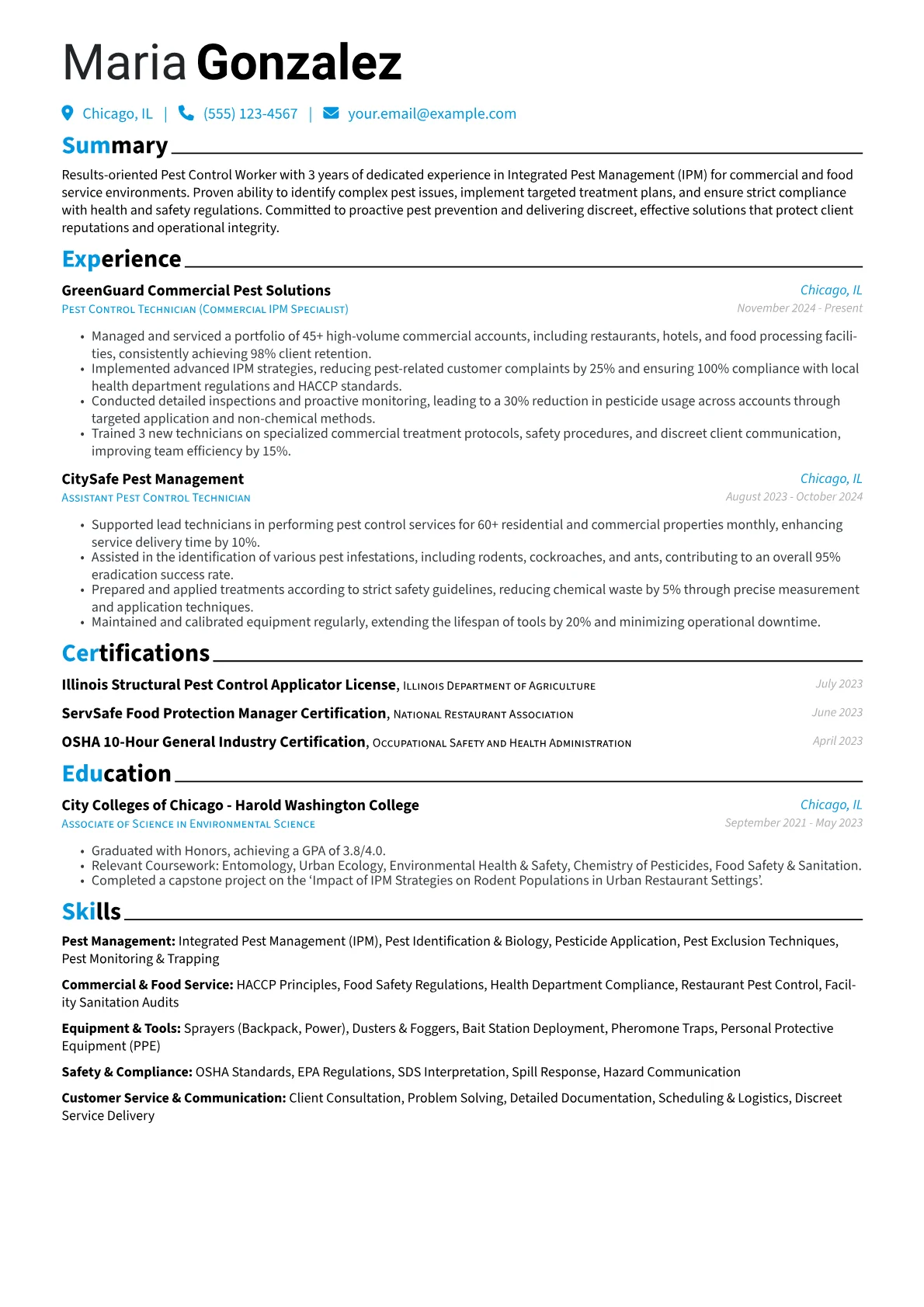 Pest Control Worker resume example, Commercial IPM Specialist, page 1