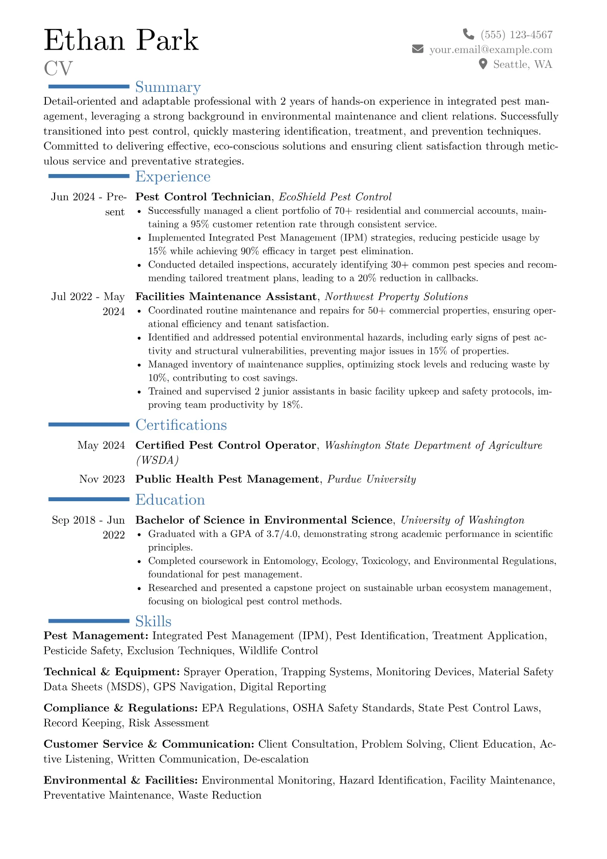 Pest Control Worker resume example, Career changer, page 1