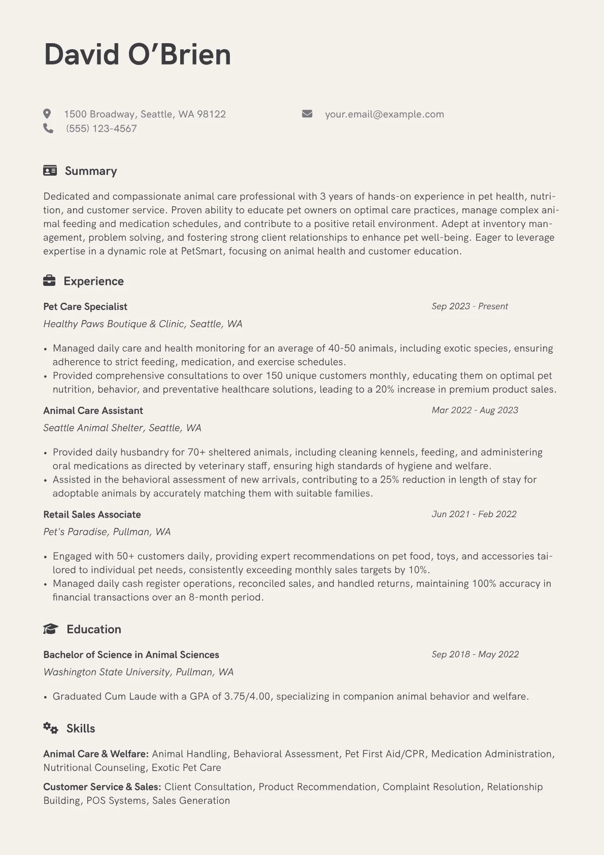 PetSmart resume example, Animal Care & Welfare, page 1