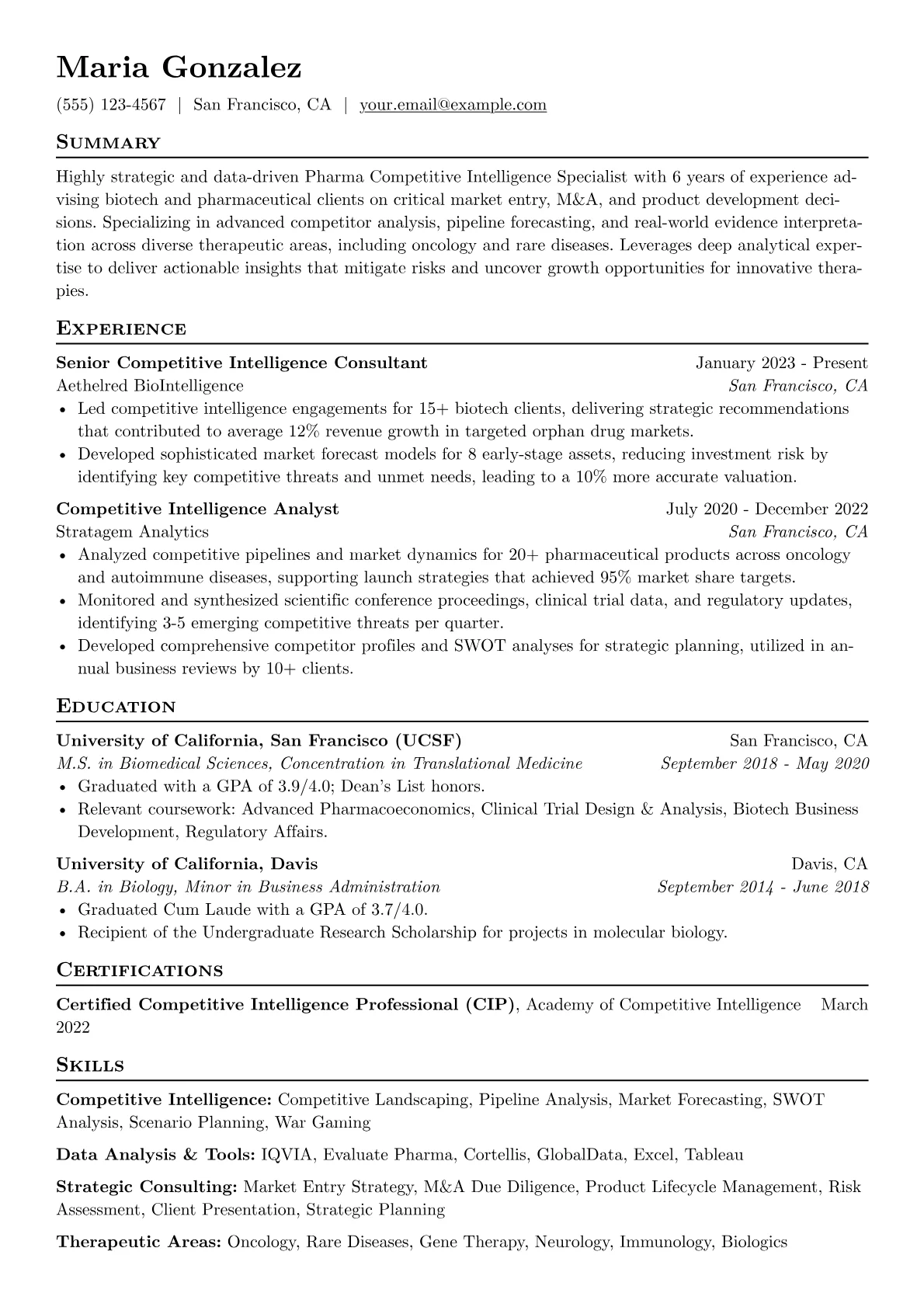Pharma Competitive Intelligence Specialist resume example, Pharma CI Specialist, page 1