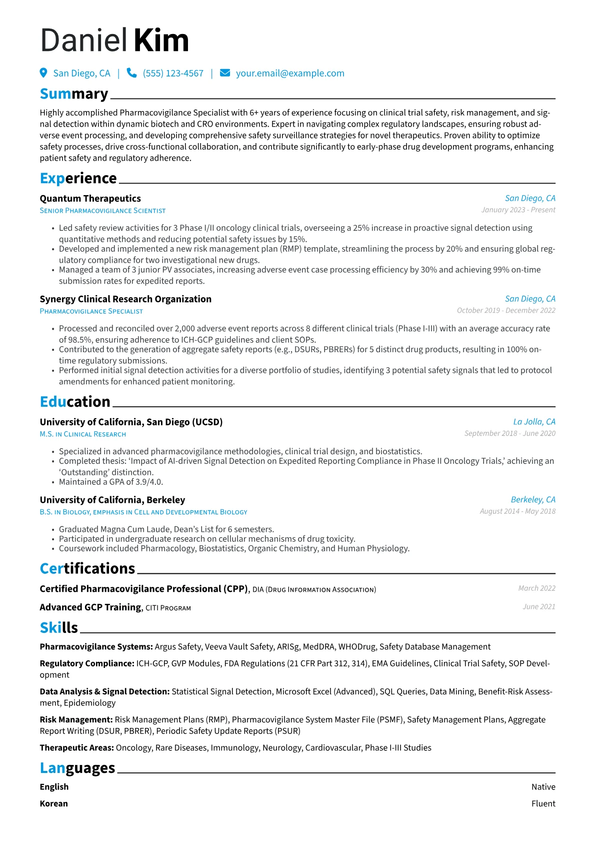 Pharmacovigilance Specialist resume example, Pharmacovigilance, page 1