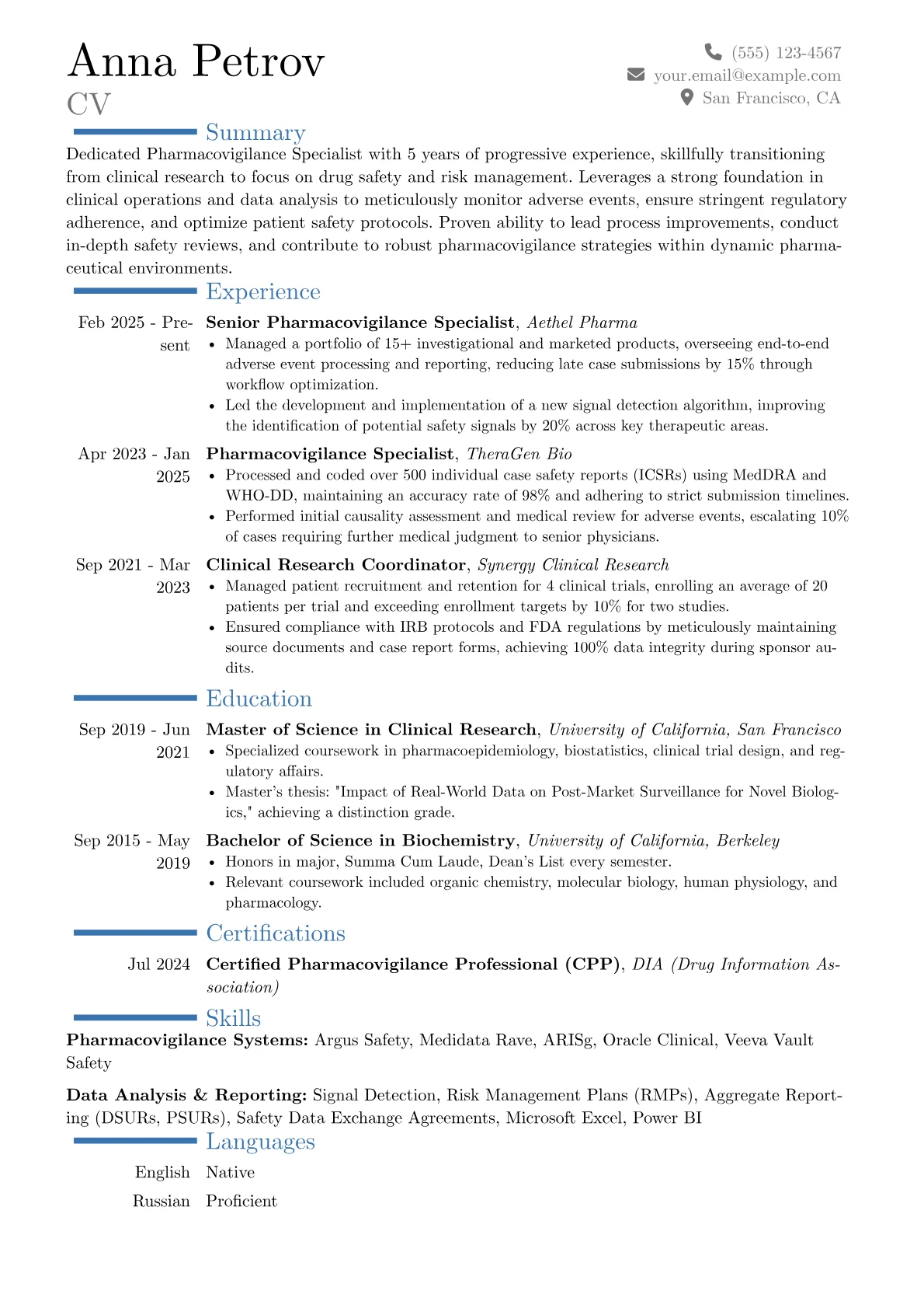 Pharmacovigilance Specialist resume example, Career changer, page 1
