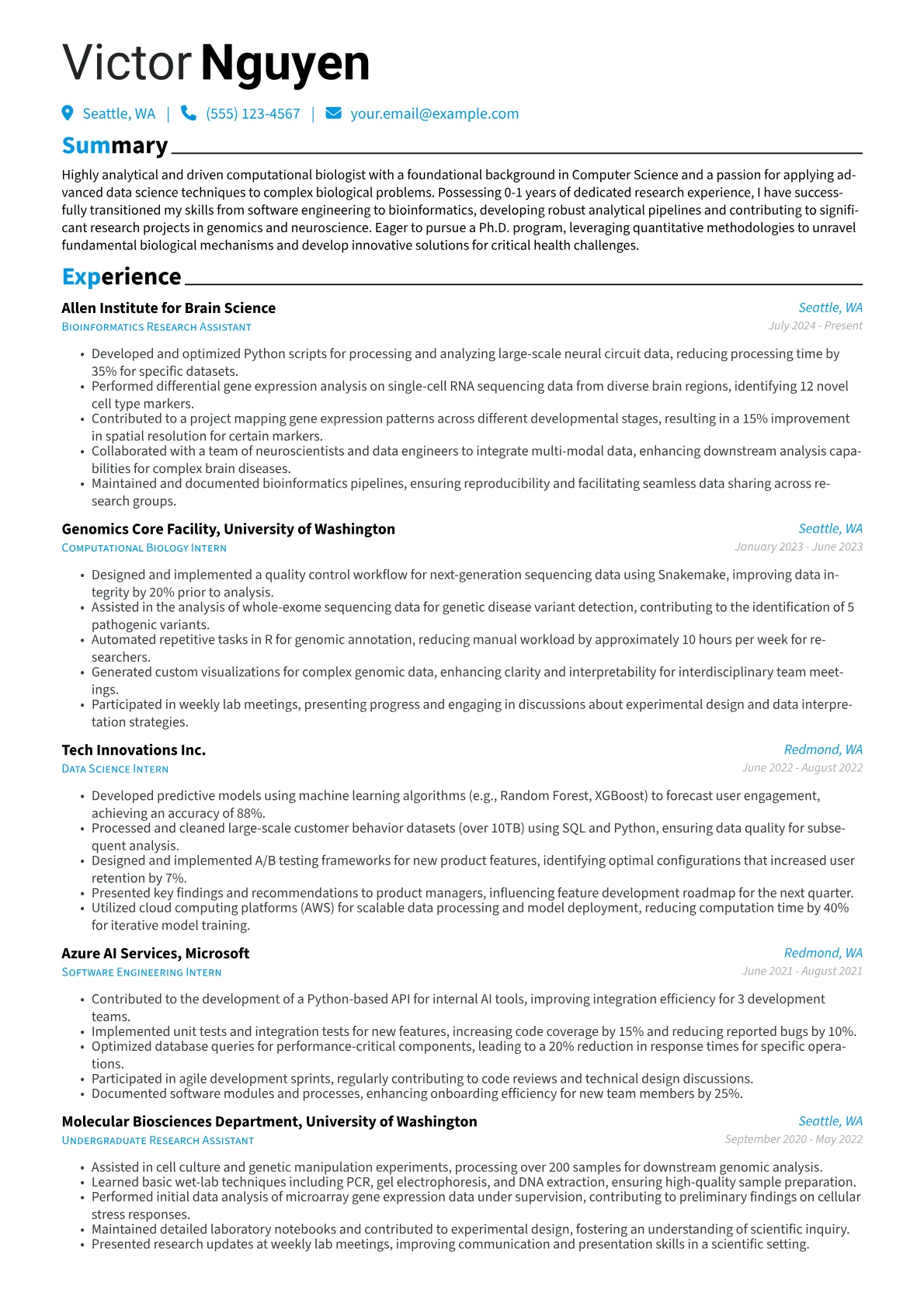 PhD Application resume example, Career changer, page 1