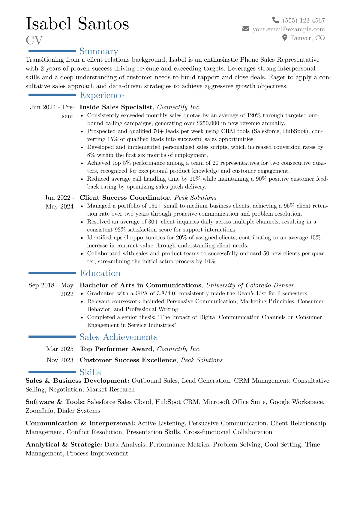 Phone Sales Representative resume example, Career changer, page 1