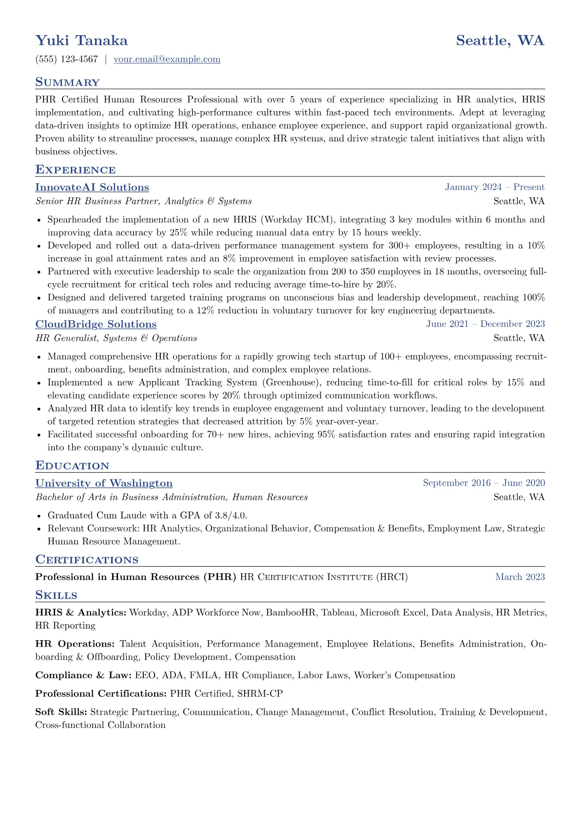PHR Certified Professional resume example, HRIS & Analytics, page 1