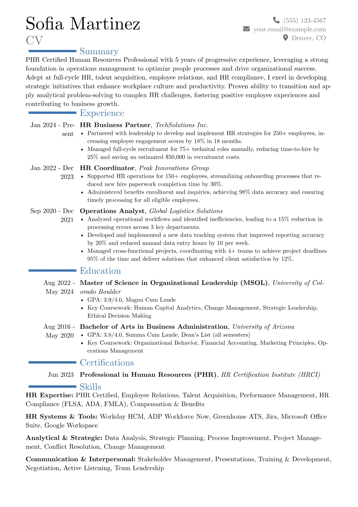 PHR Certified Professional resume example, Career changer, page 1