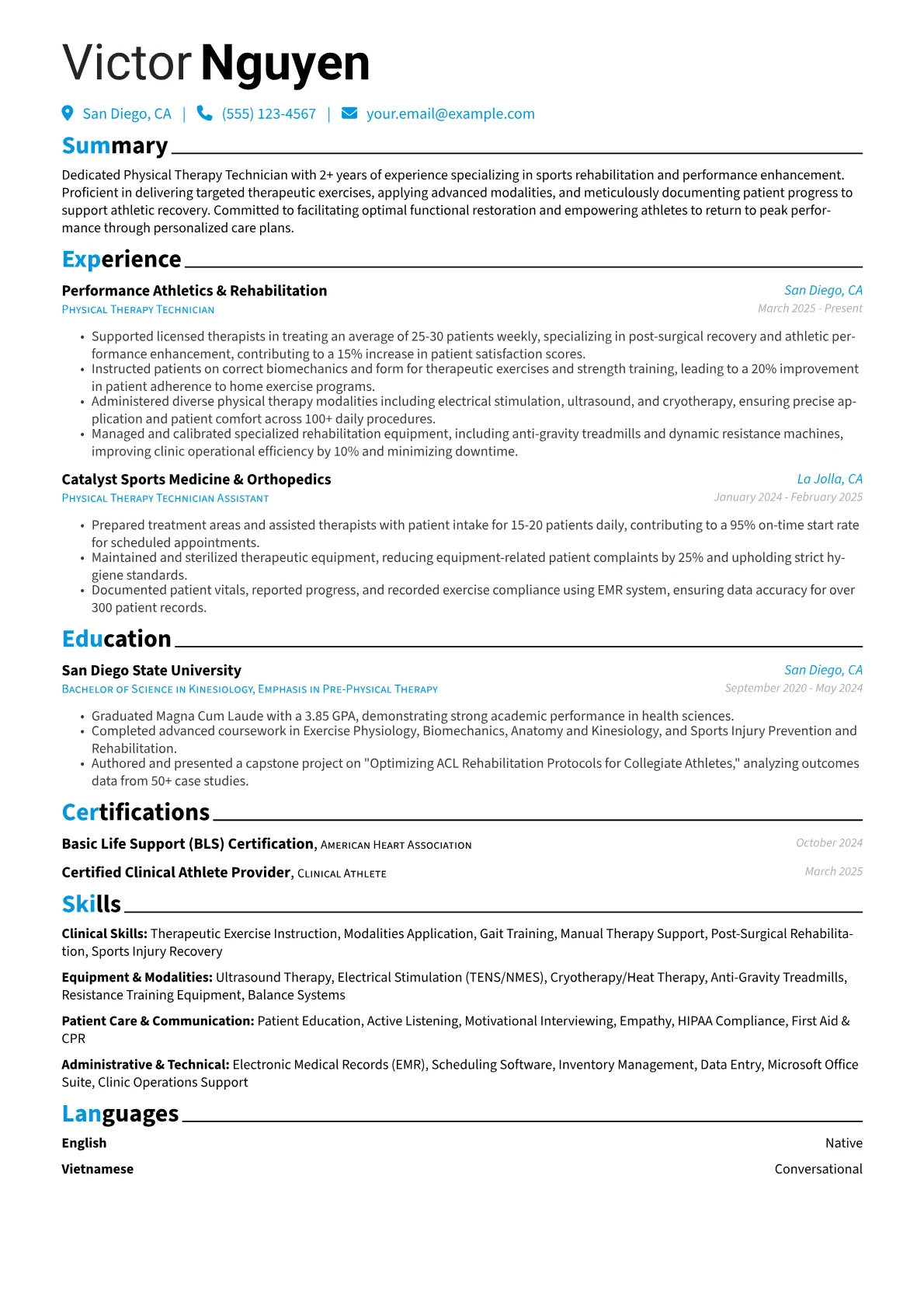 Physical Therapy Technician resume example, Sports Rehabilitation, page 1