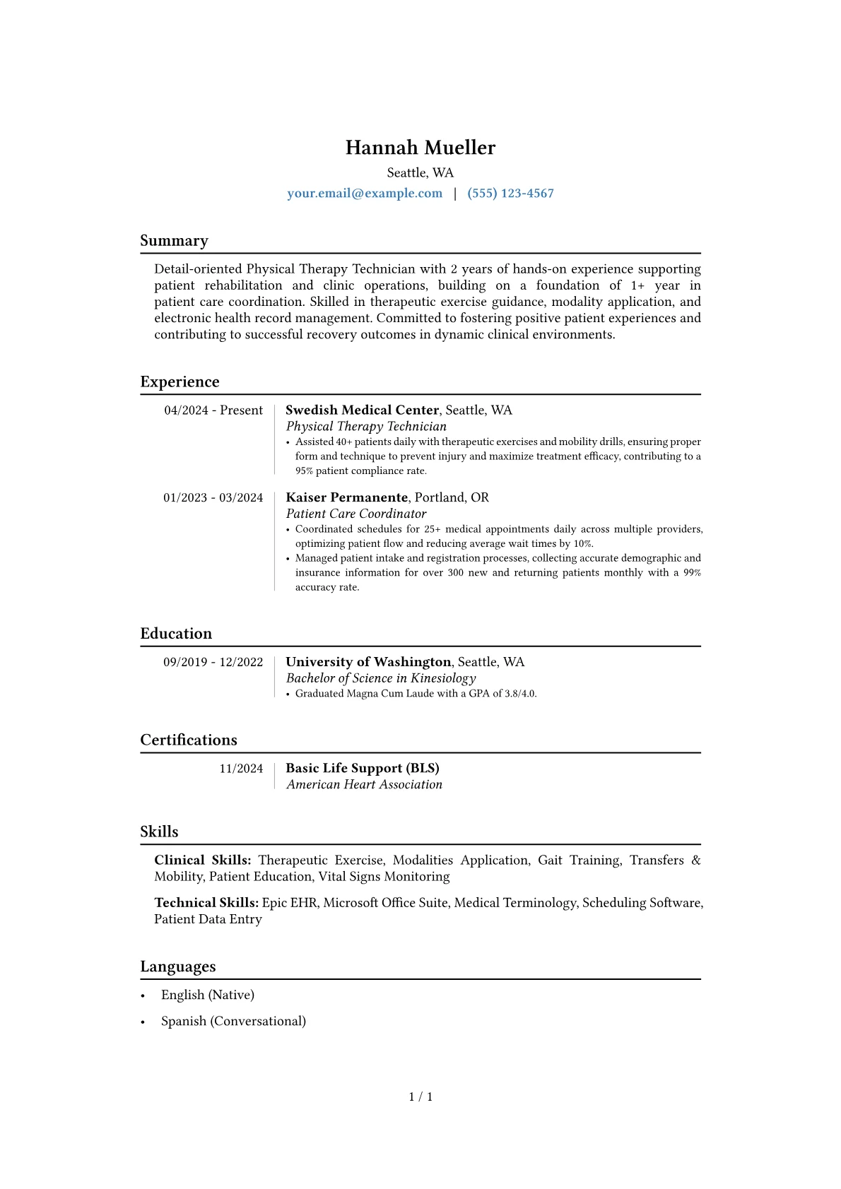 Physical Therapy Technician resume example, Career changer, page 1