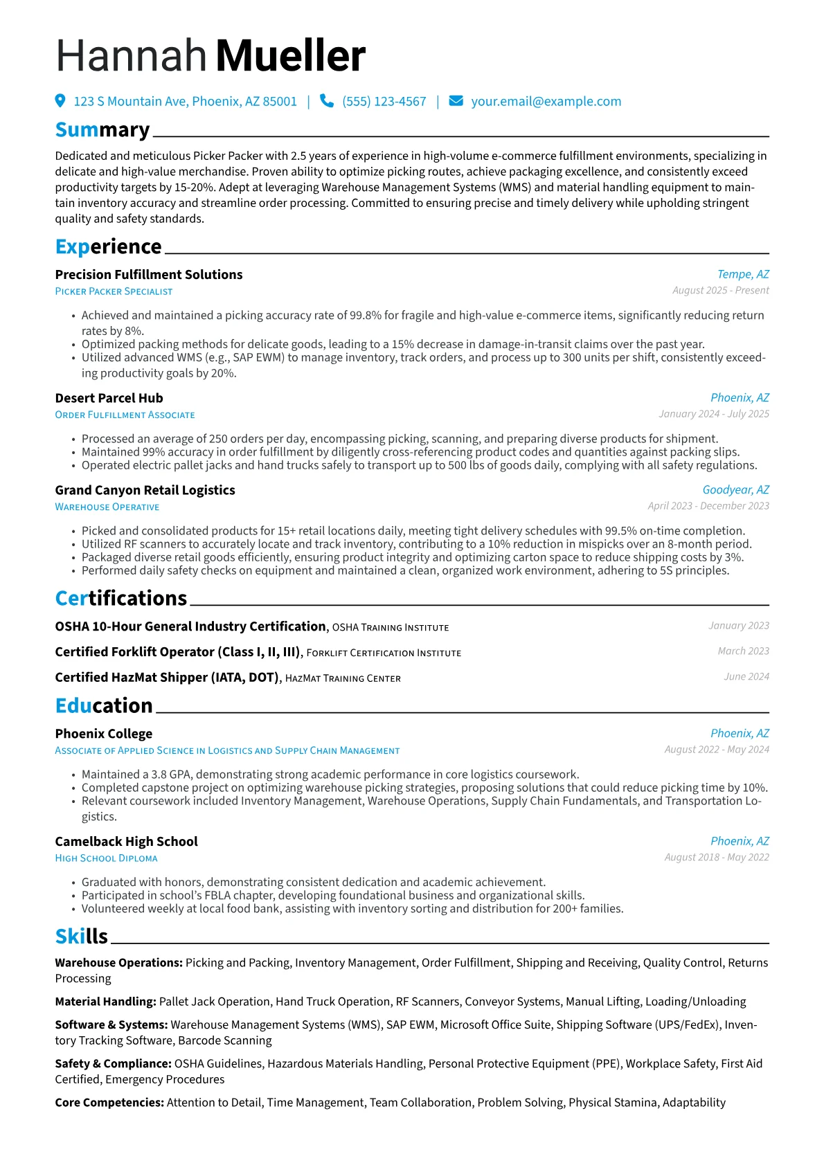 Picker Packer resume example, Warehouse Operations, page 1