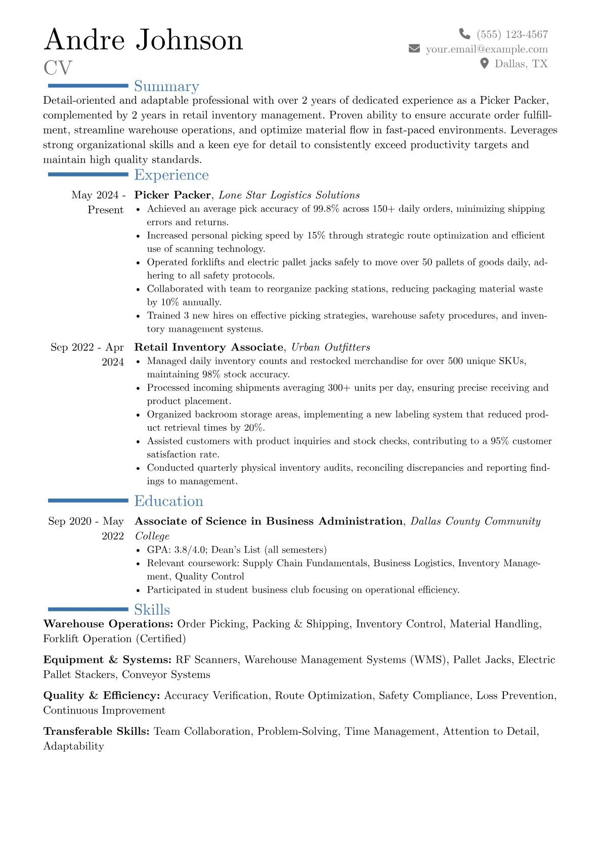 Picker Packer resume example, Career changer, page 1
