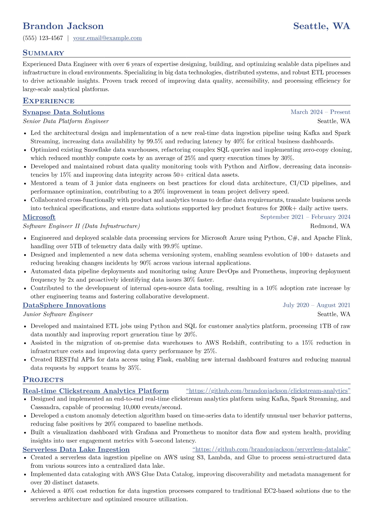 Pinterest resume example, Data Engineer, page 1
